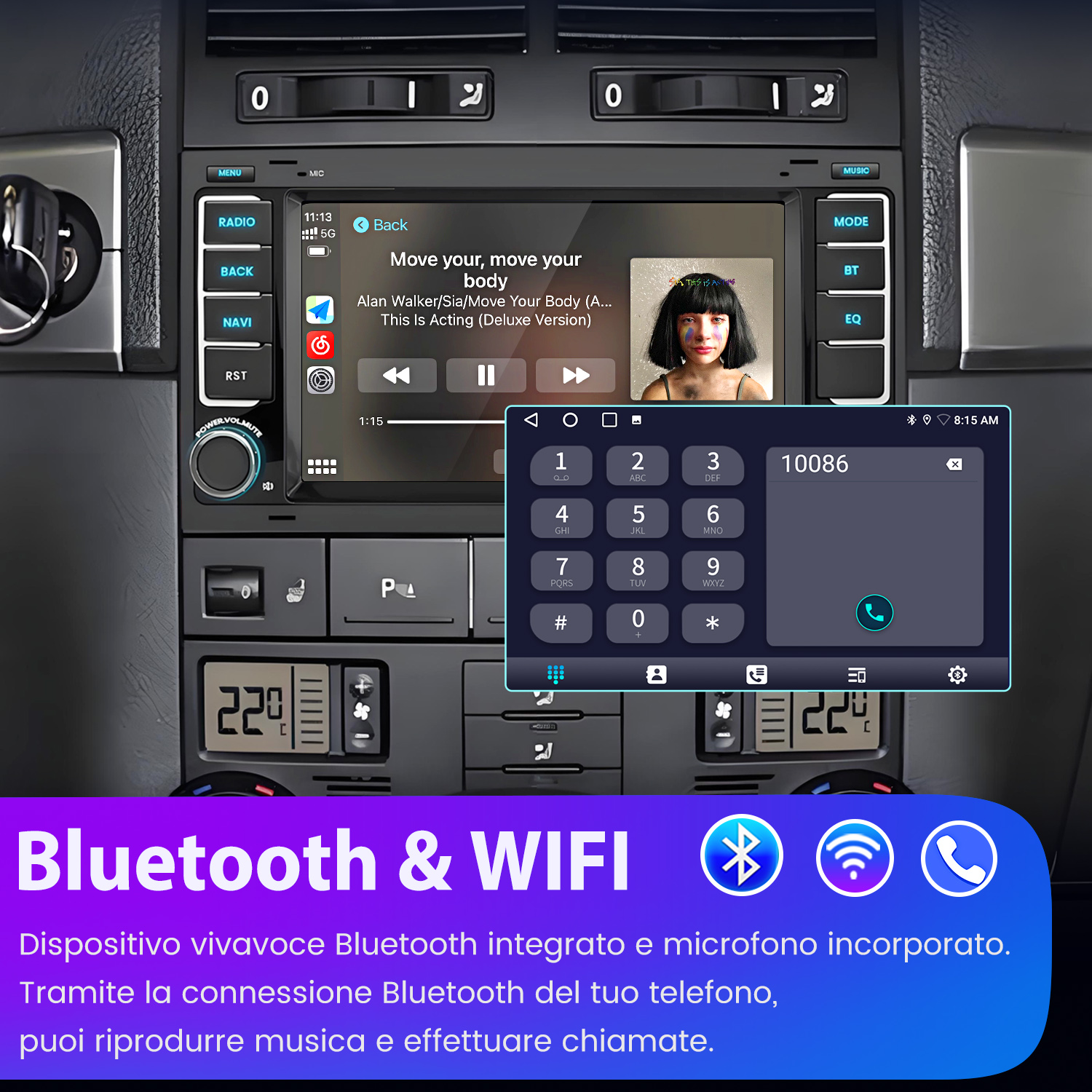 Sistema di infotainment auto con musica, chiamate e navigazione attivi.