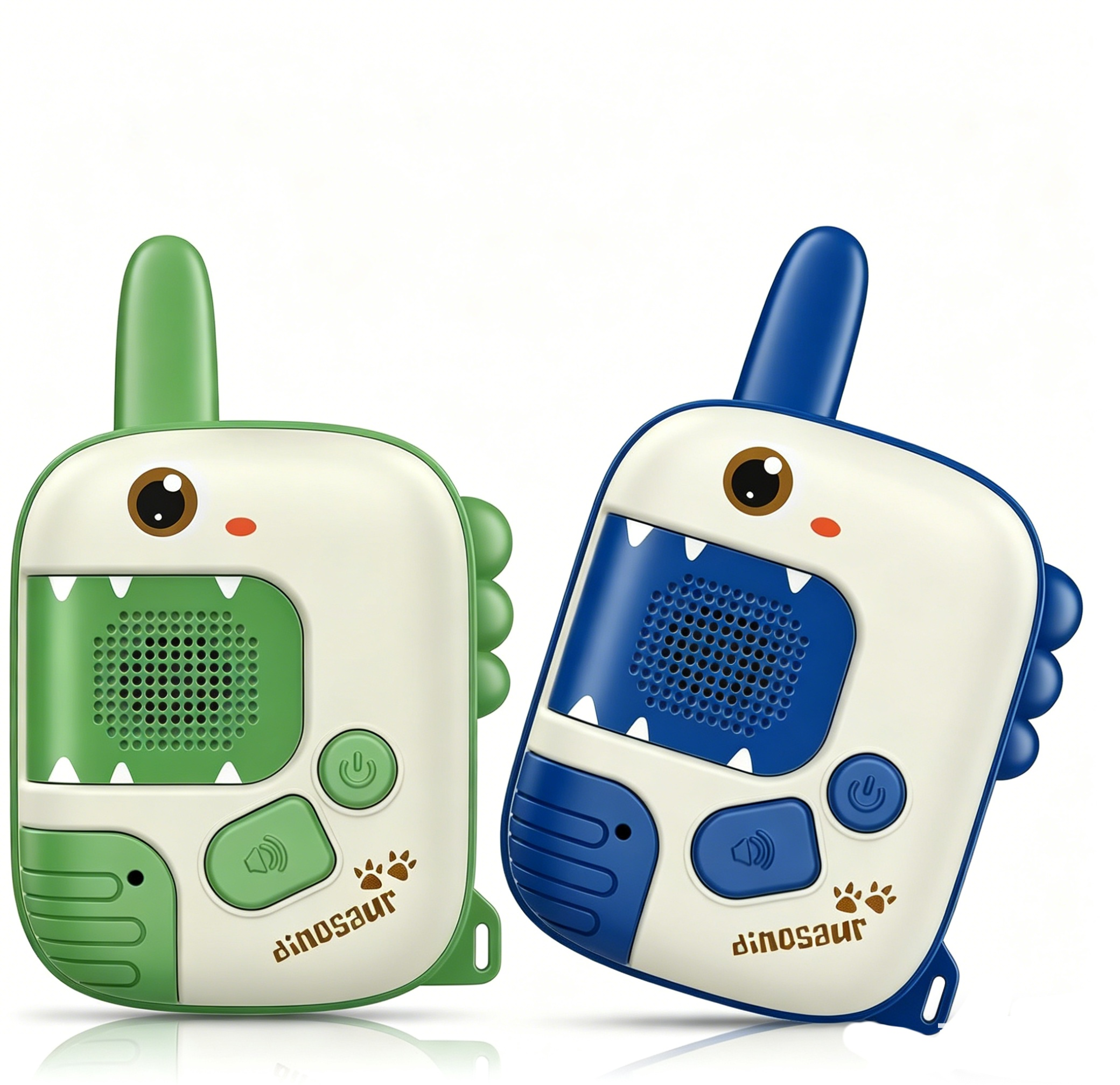 Zwei Spielzeug-Walkie-Talkies in Dinosaurierform, eins grün, eins blau. Sie haben Augen und Zähne.