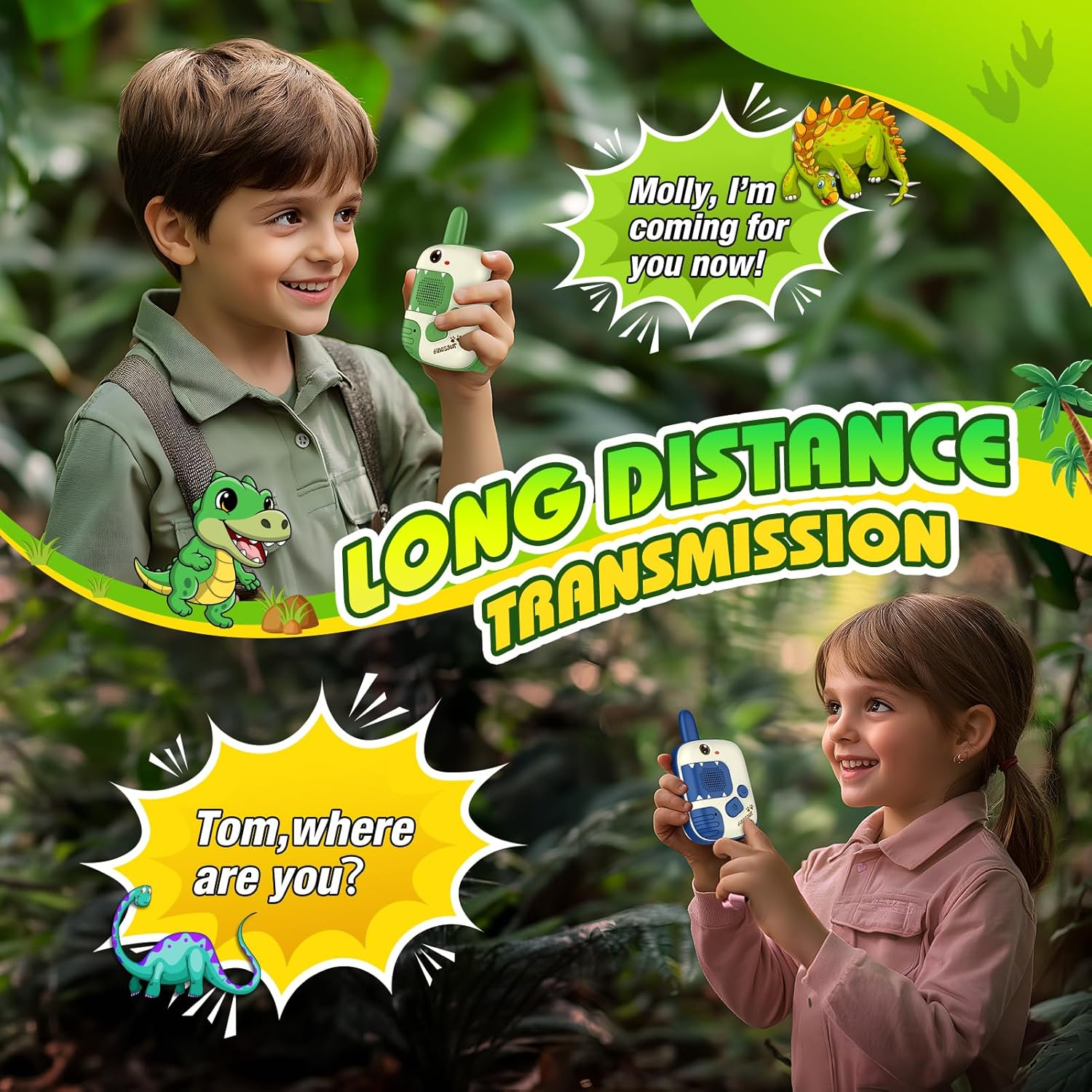 Jungen und Mädchen mit Walkie-Talkies in einem Dschungel mit Dinosaurier-Grafiken.