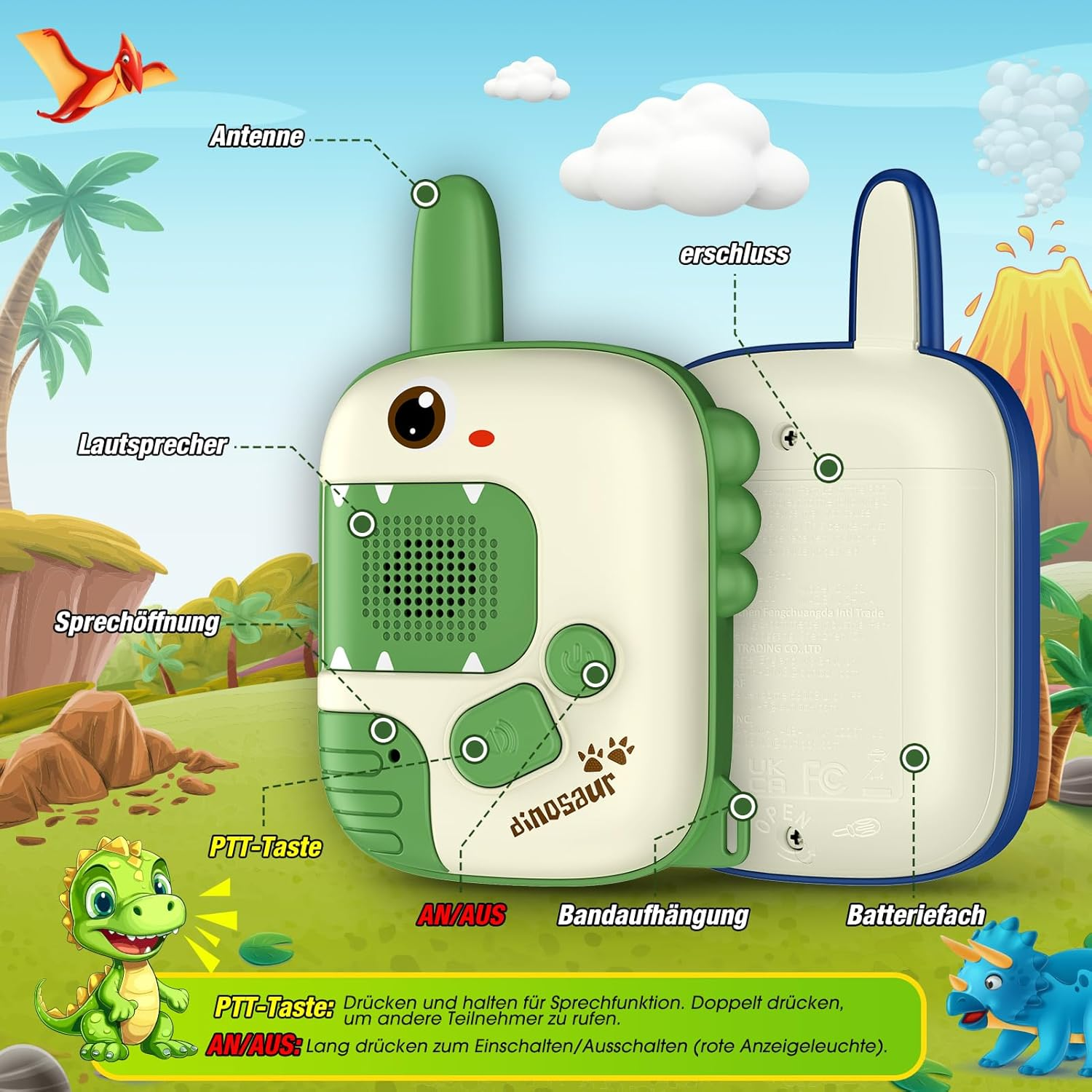 Grünes Dinosaurier-Walkie-Talkie mit Lautsprecher, Mikrofon und PTT-Taste.