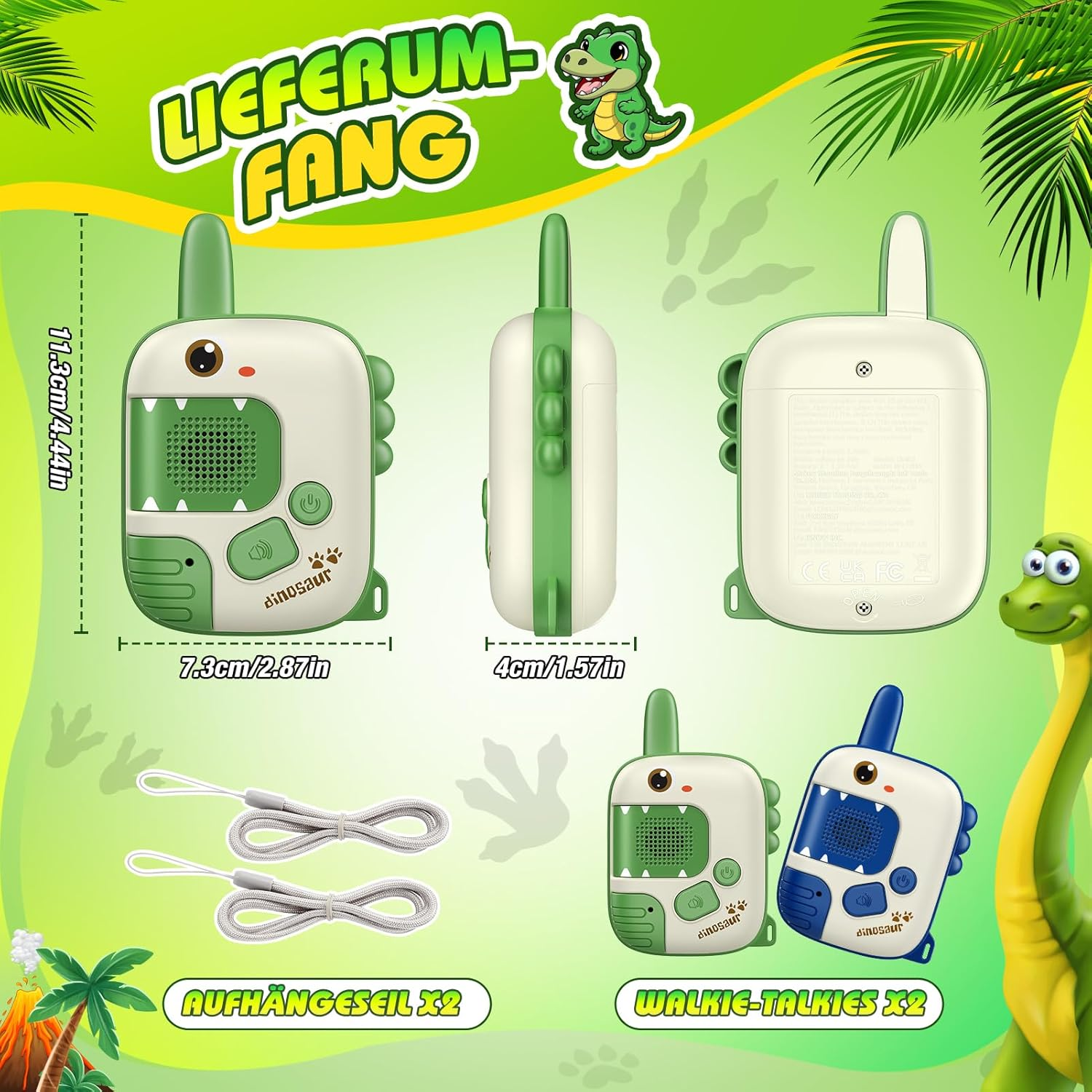 Zwei dinosaurierförmige Walkie-Talkies in Grün und Blau mit Zubehör.