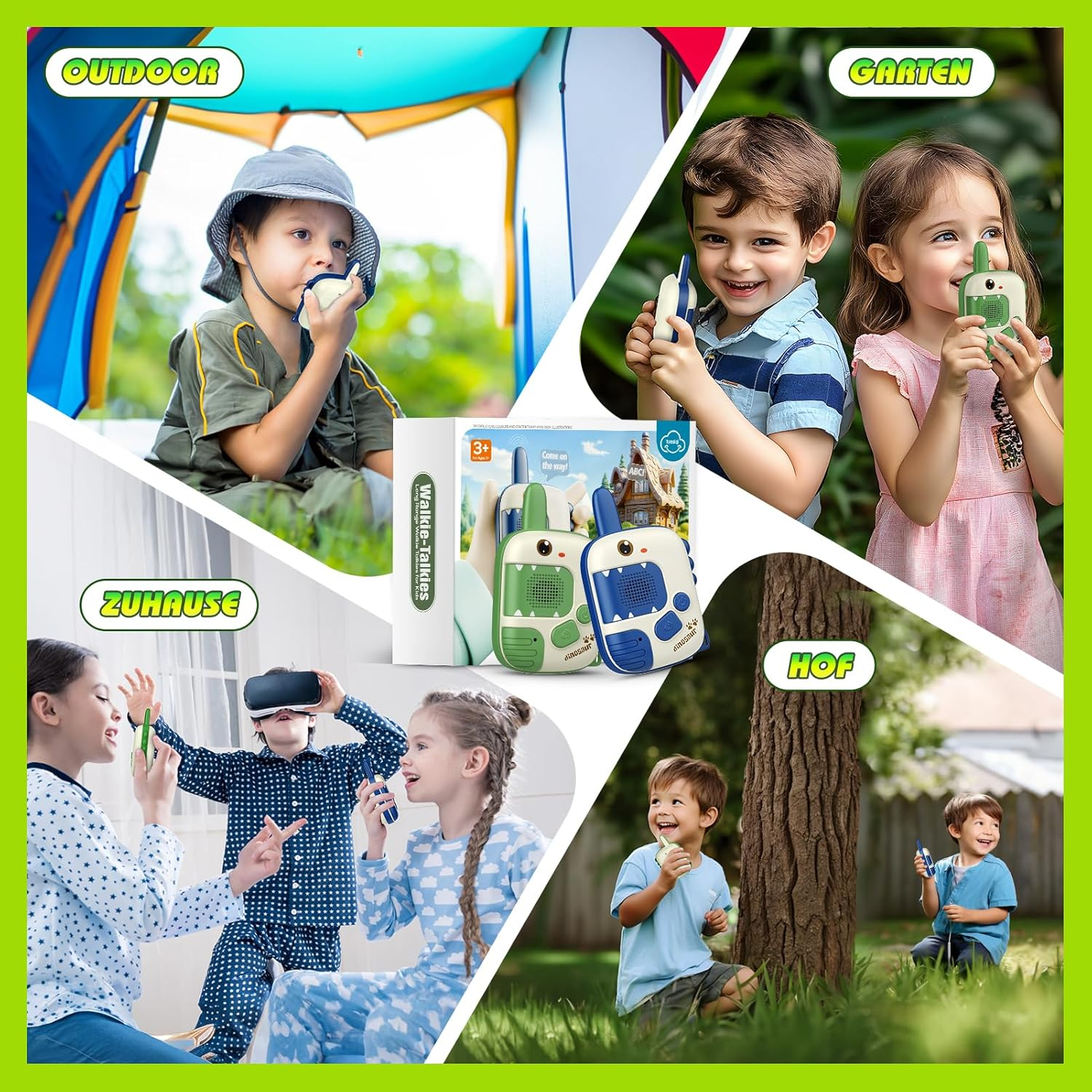 Collage von Kindern, die Walkie-Talkies im Freien, im Garten, zu Hause und im Hof benutzen.