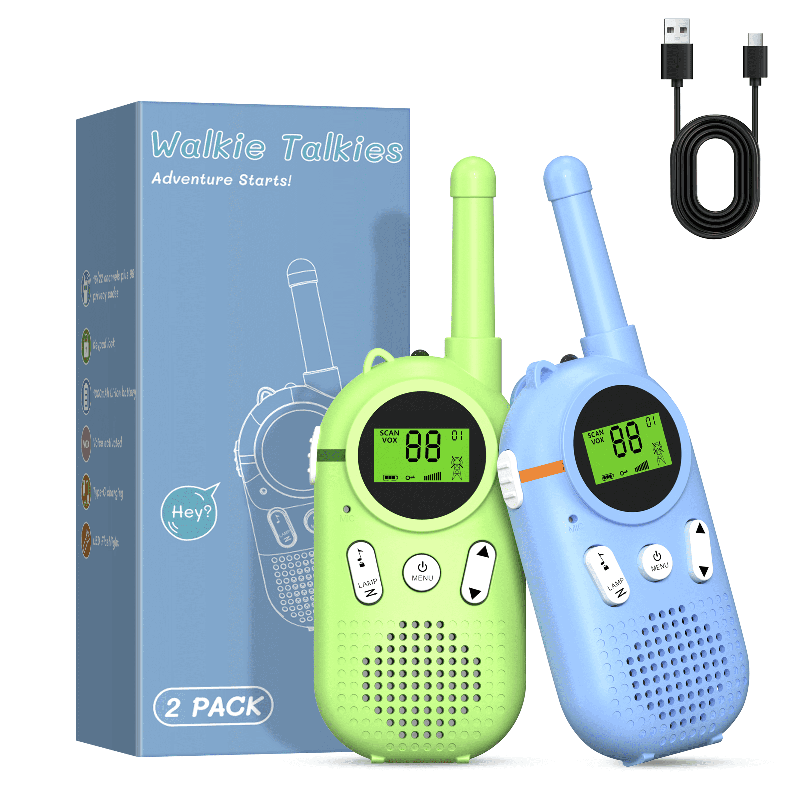 Zwei Kinder-Walkie-Talkies, grün und blau, mit USB-Kabel und Verpackung.