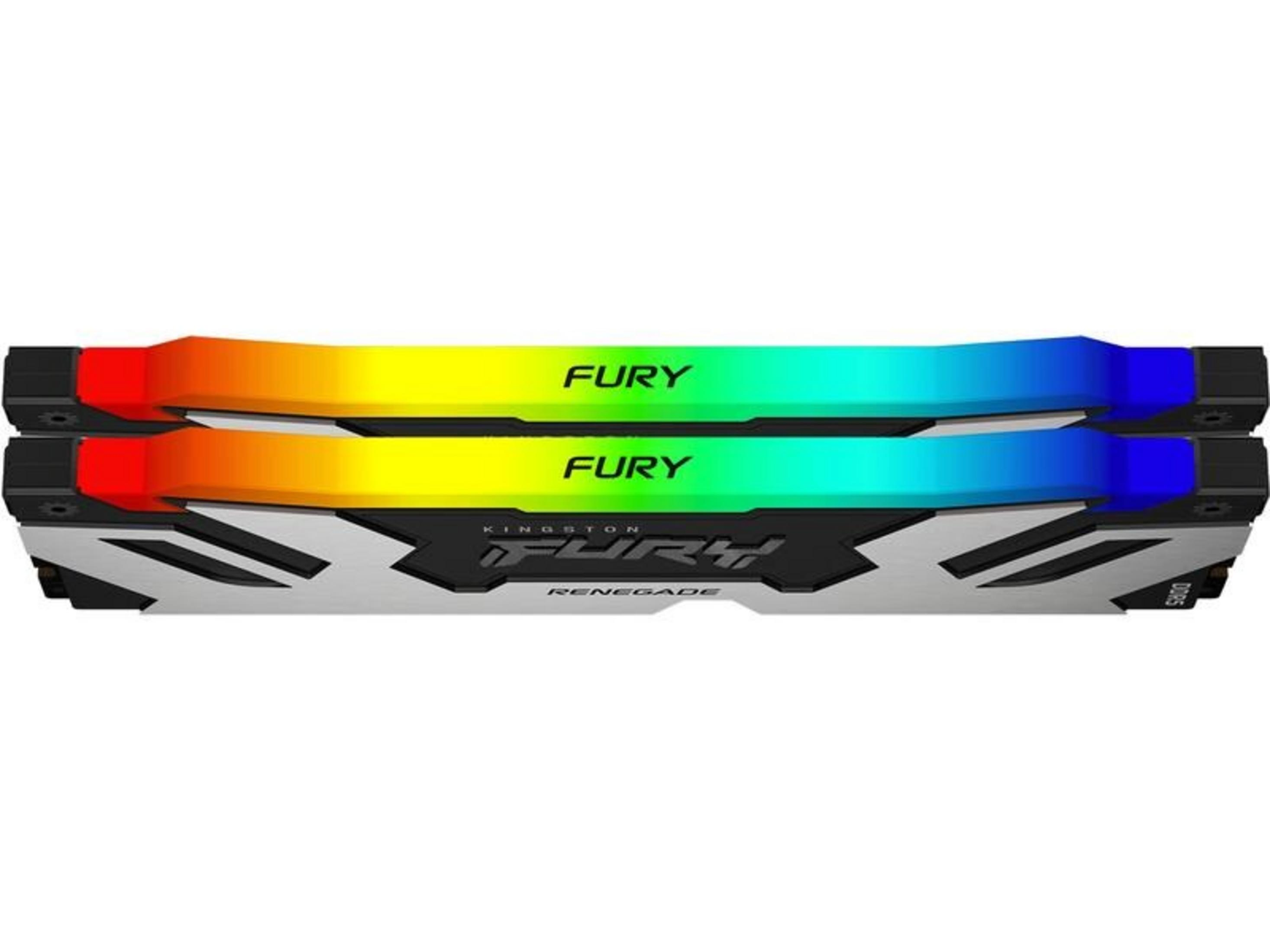Zwei RAM-Module mit RGB-Beleuchtung, rot über orange zu gelb und blau.