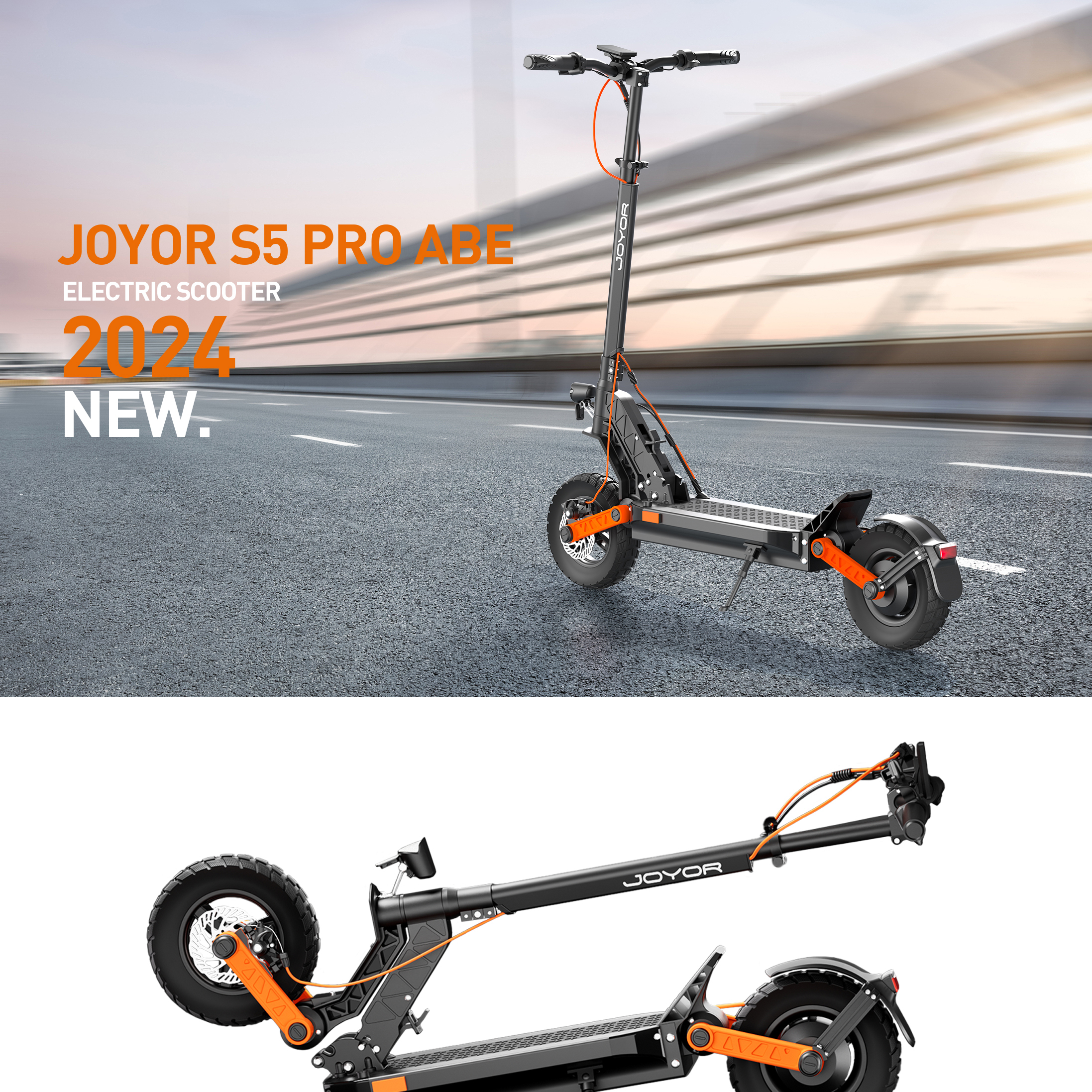 Schwarzer JOYOR S5 E-Scooter mit orangen Akzenten auf einer Straße.