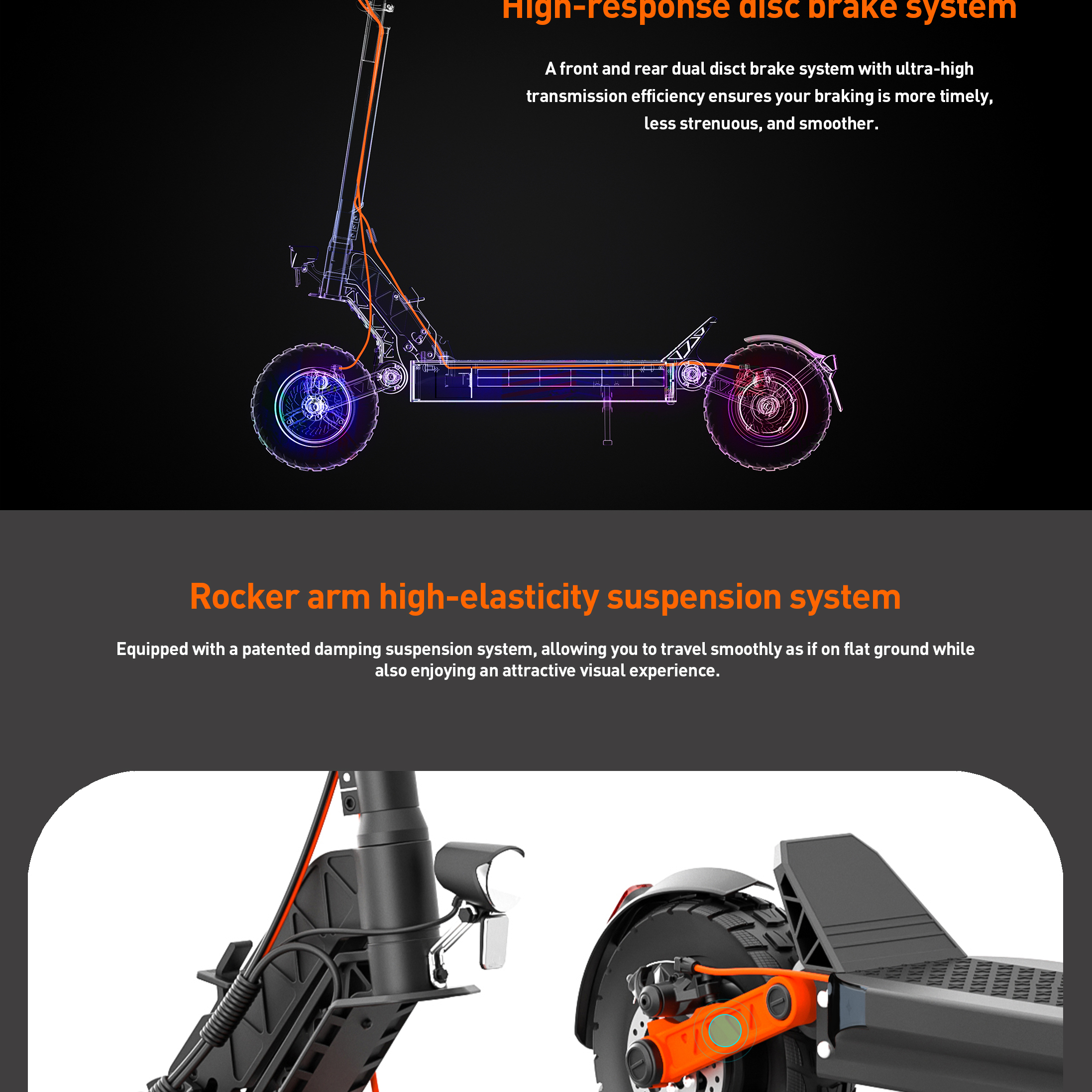 Detailansicht eines E-Scooters mit technischen Merkmalen wie Scheibenbremsen und Federung.
