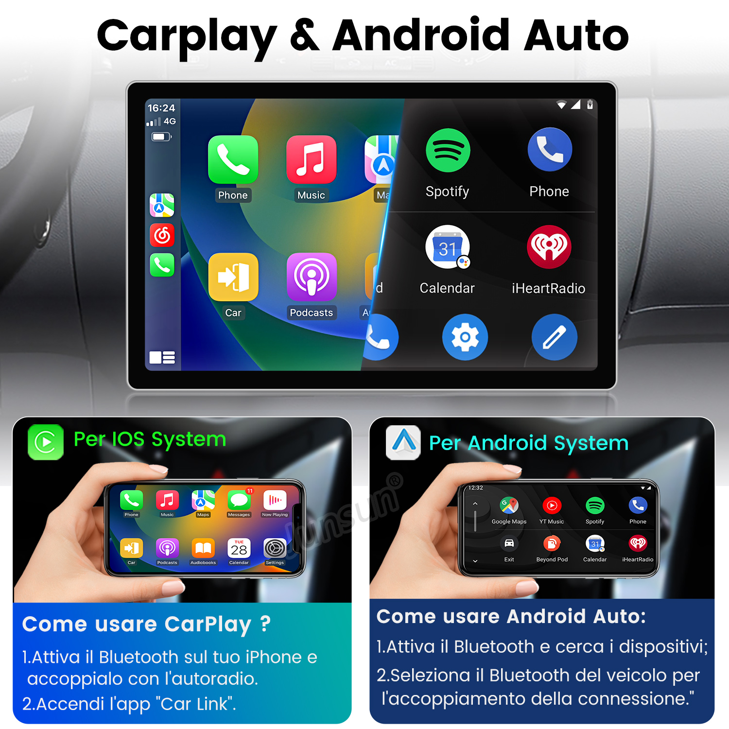 Schermo con CarPlay e Android Auto. Sotto telefoni iOS e Android.