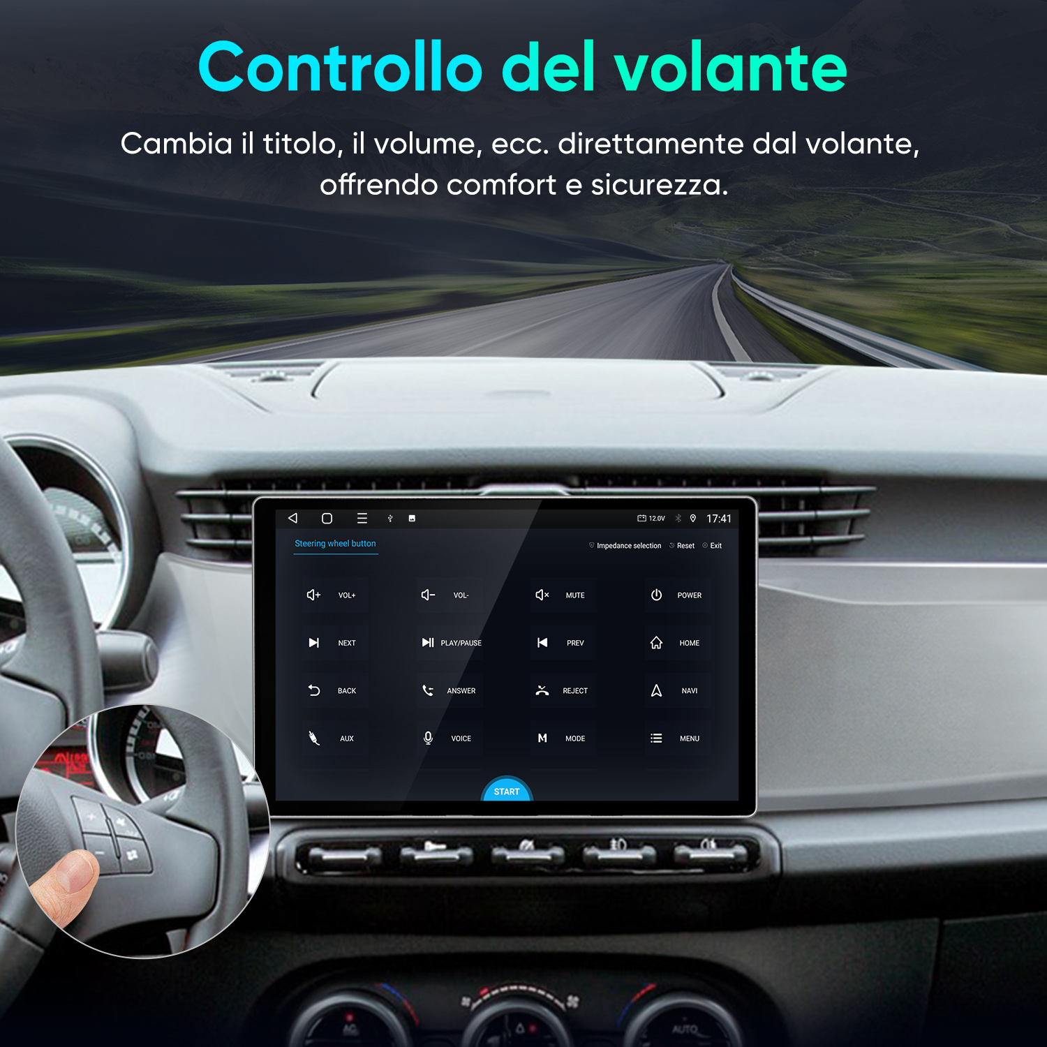 Un pollice preme i pulsanti del volante di un'auto accanto a uno schermo di infotainment.
