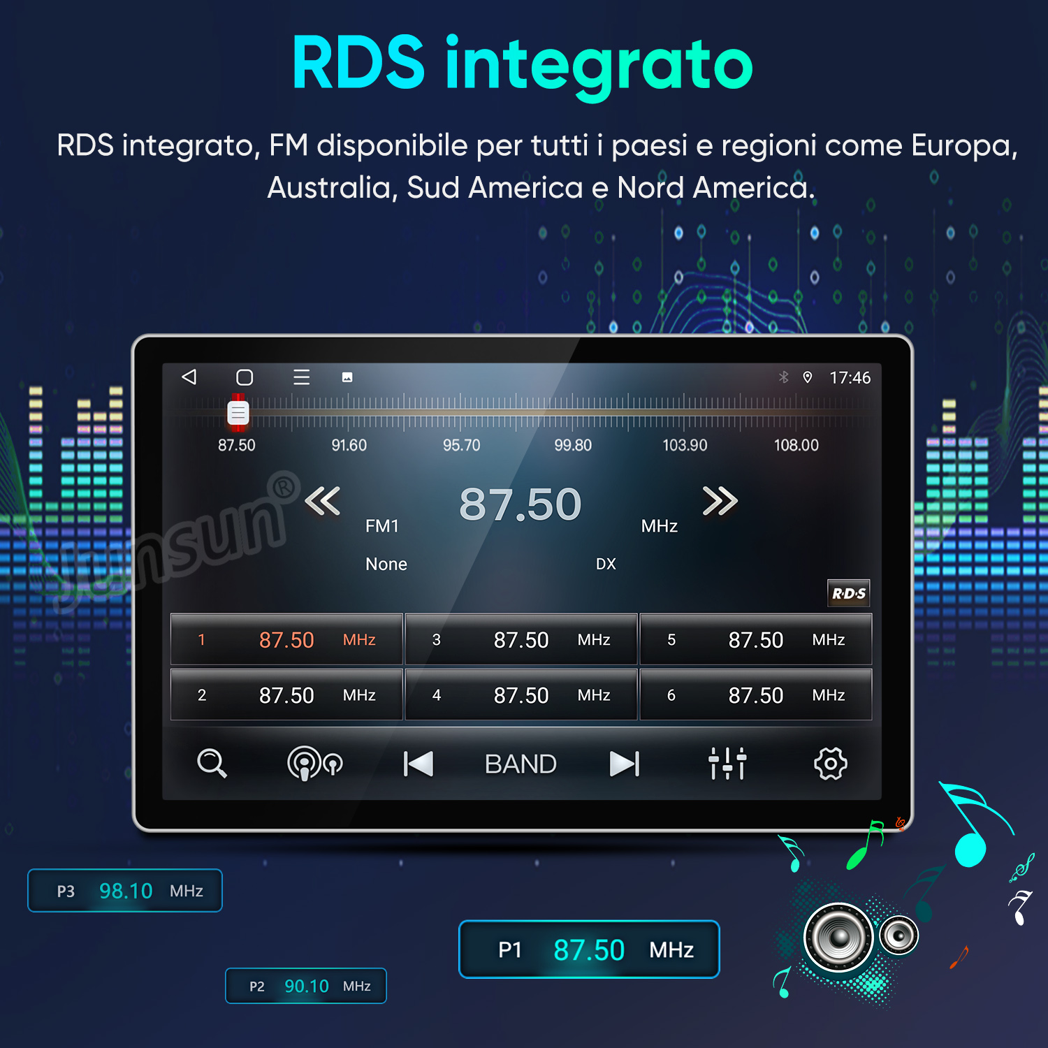 Schermo autoradio con frequenze FM, lista stazioni e controlli. RDS attivo.