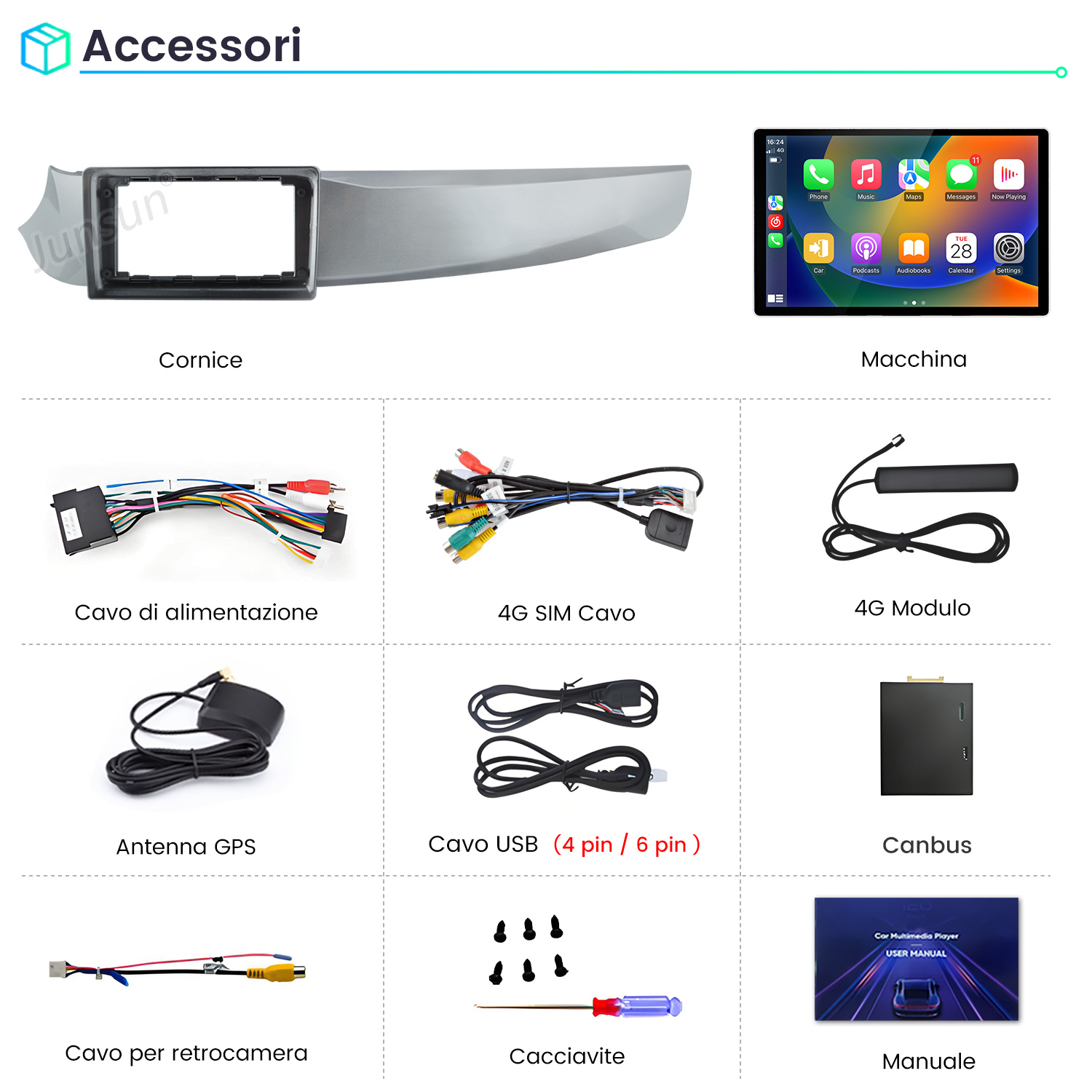 Accessori: cornice autoradio, autoradio, cavo alimentazione, cavo SIM 4G, modulo 4G, antenna GPS, cavo USB, Canbus, cavo retrocamera, cacciavite, manuale.