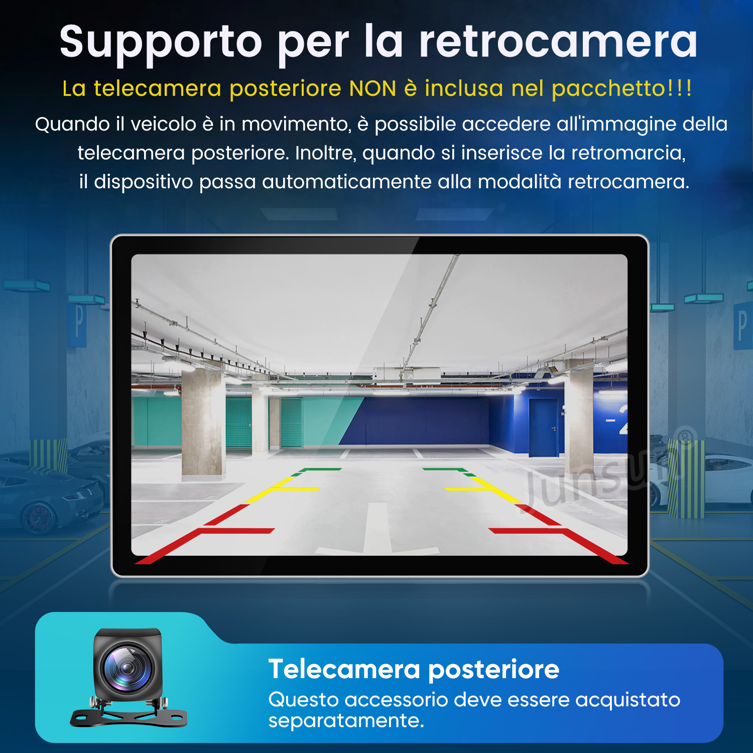 Supporto retrocamera con immagine retrocamera e vista parcheggio.