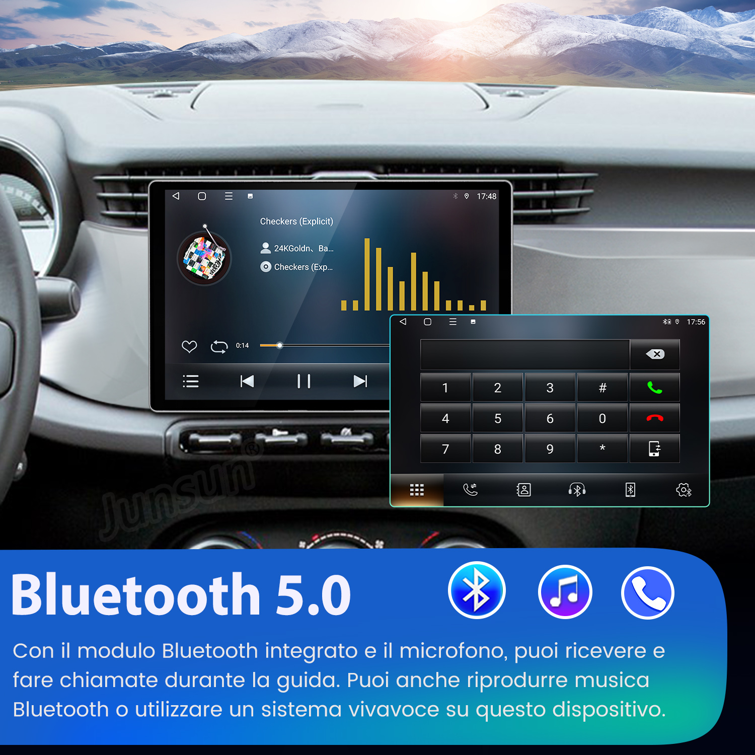 Cruscotto auto con sistema multimediale e tastierino telefonico. Paesaggio montano.