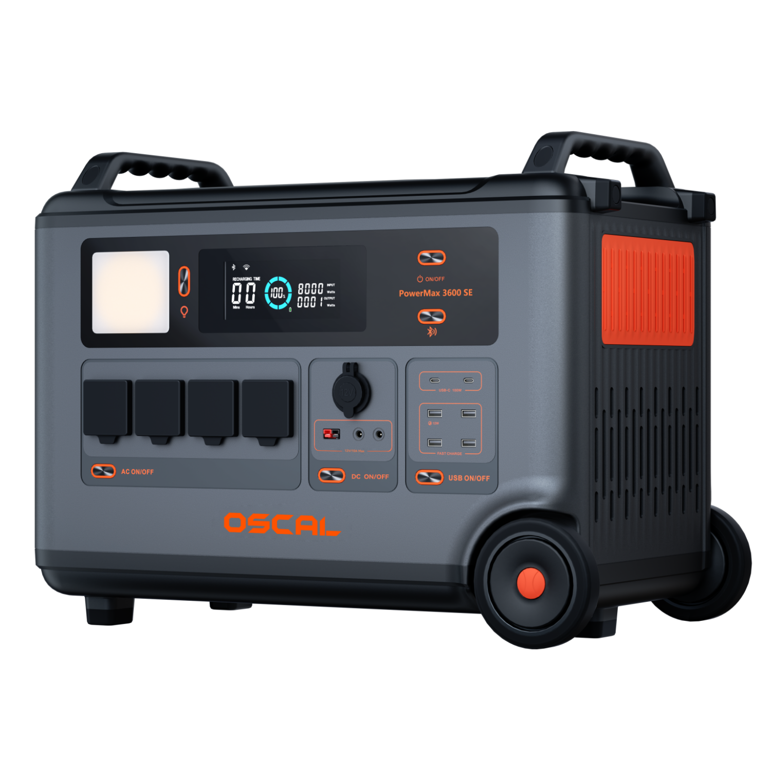 Grauer tragbarer Powerstation mit Rädern, Griffen und digitalem Display.