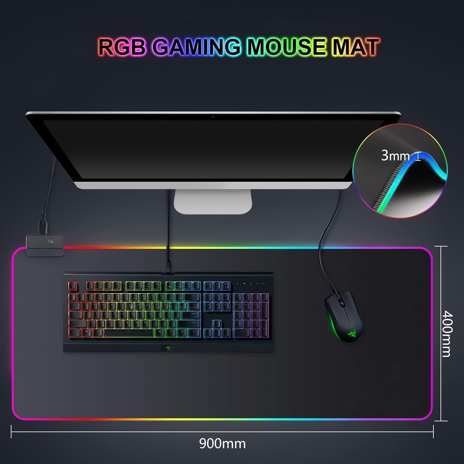 Ein RGB-Gaming-Mauspad mit Tastatur und Maus, 900x400mm.
