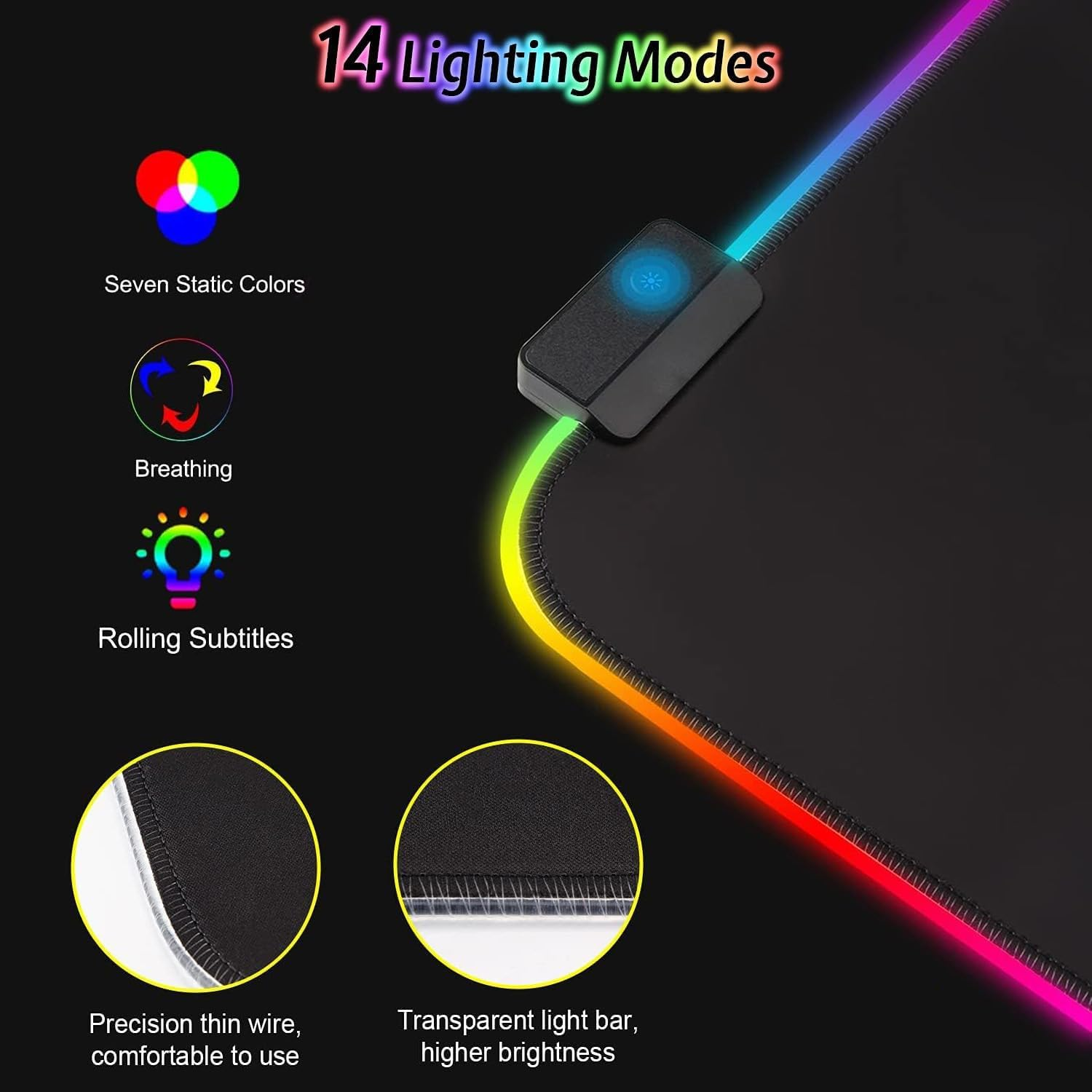 Schwarze Mausmatte mit RGB-Beleuchtung, 14 Modi, dünnem Draht und transparentem Lichtbalken.
