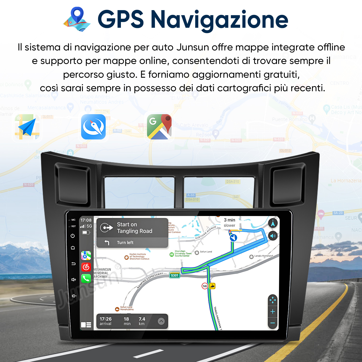 Un sistema di navigazione per auto mostra una mappa con un percorso. Testo in alto descrive le funzioni.