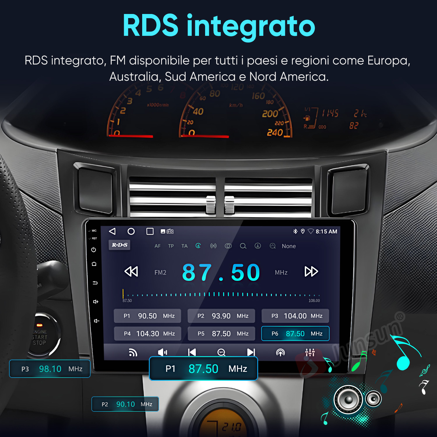 Cruscotto auto con display radio e tachimetro. Stazione 87.50 MHz visualizzata.