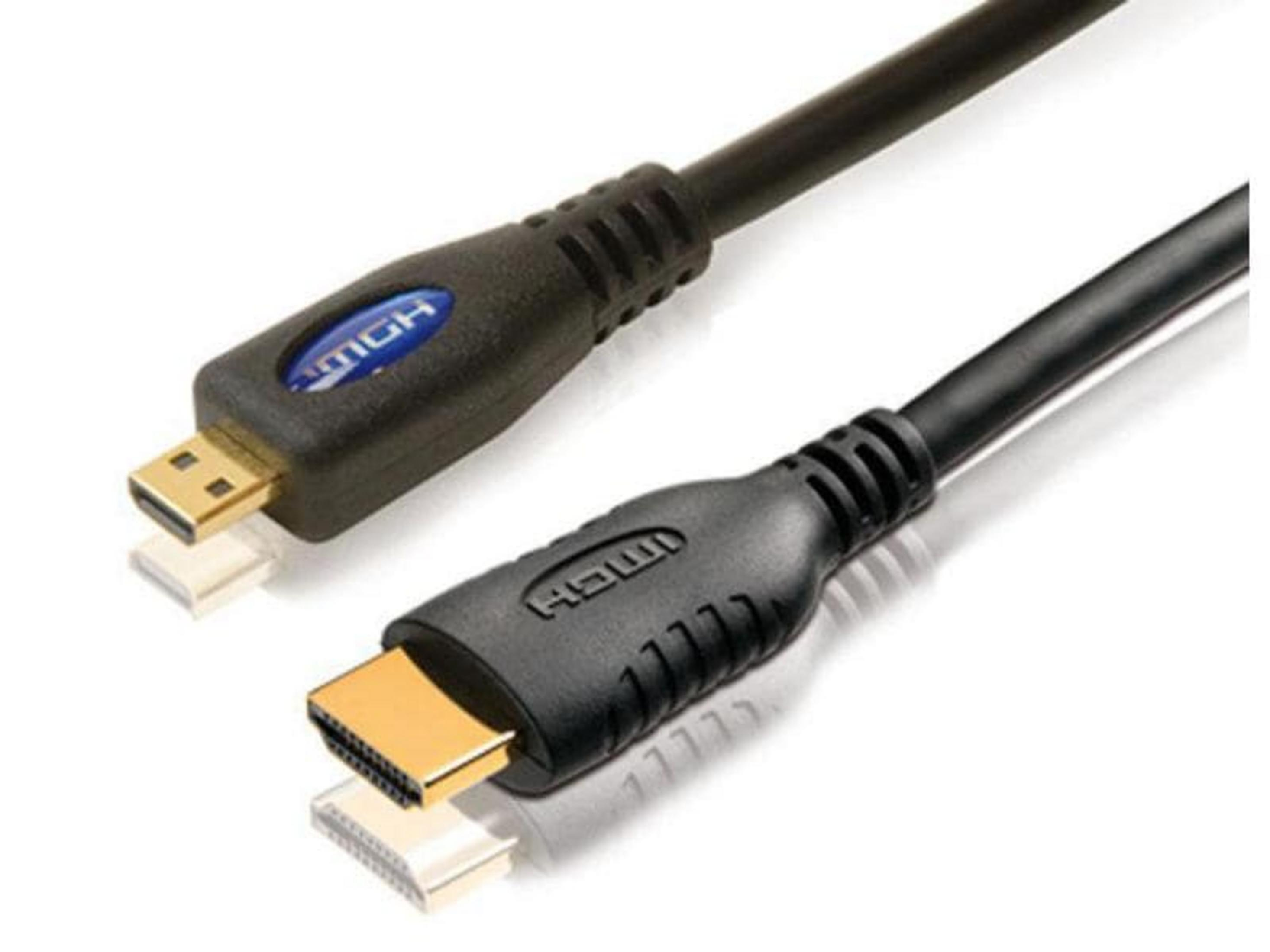 Zwei HDMI-Kabel, schwarz mit goldenen Anschlüssen, liegen auf weißem Hintergrund.