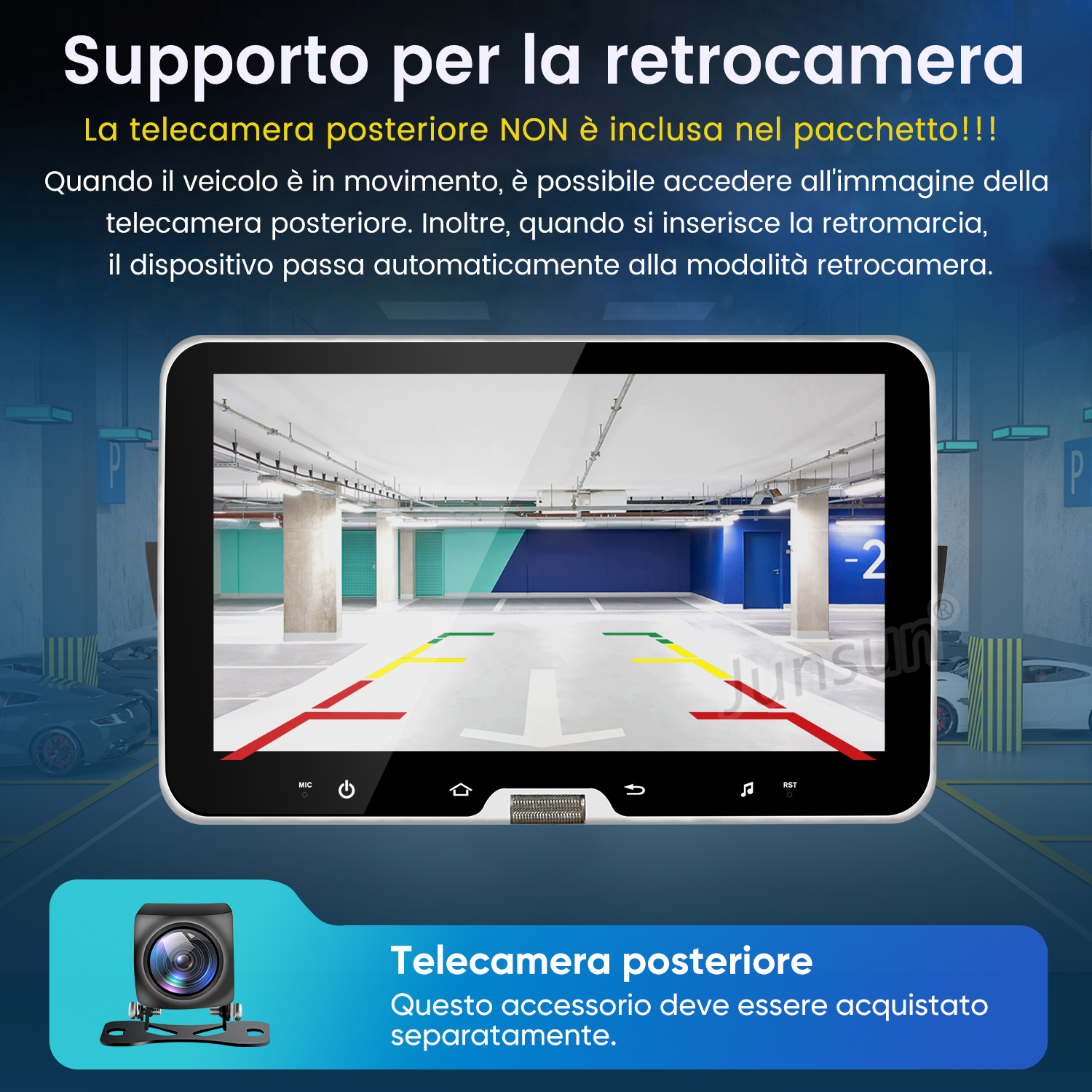 Schermo mostra vista parcheggio con linee guida. Sotto è una telecamera posteriore.
