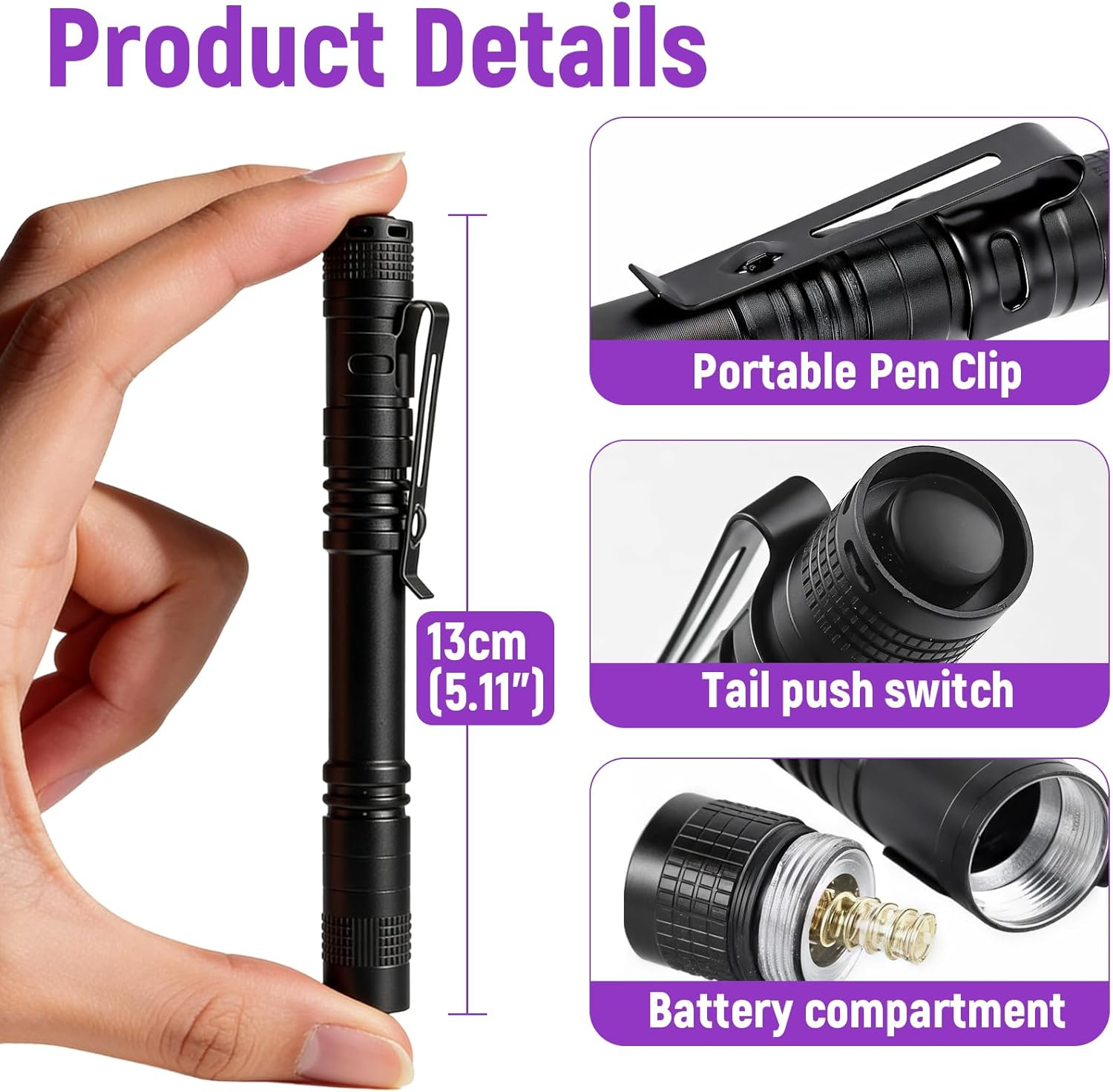 Ein schwarzer Taschenlampen-Detail-Bild mit Clip, Schalter und Batterieabdeckung.