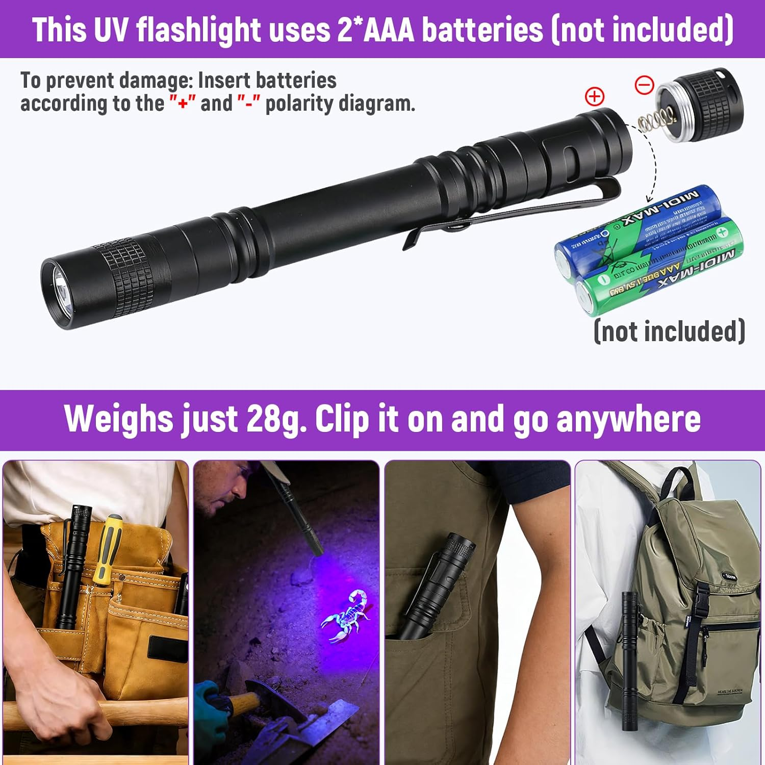 Schwarze UV-Taschenlampe mit Batteriefach, Werkzeuggürtel, Skorpion, Hosentasche und Rucksack.