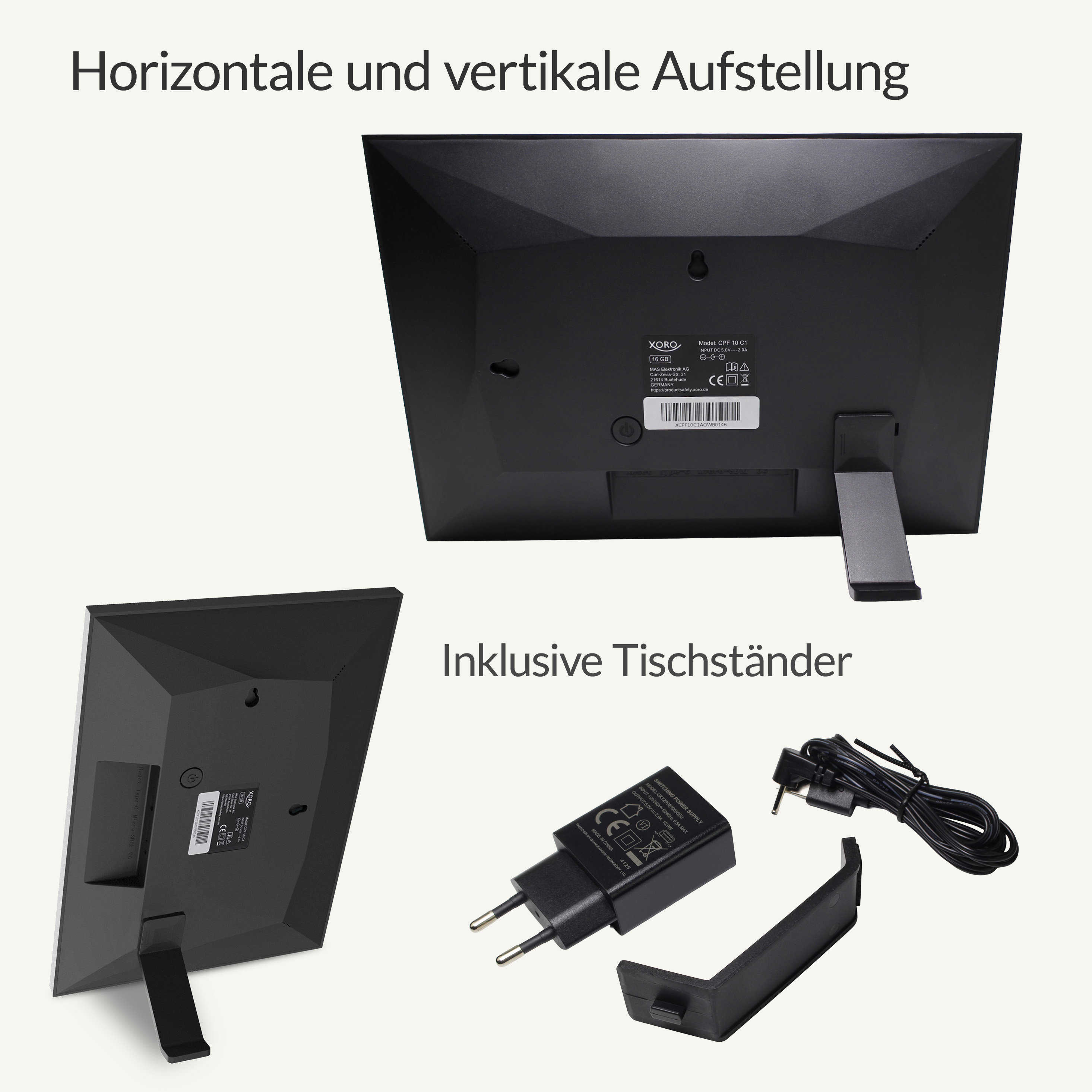 Rückseite eines schwarzen digitalen Bilderrahmens mit Netzteilen und Ständer.