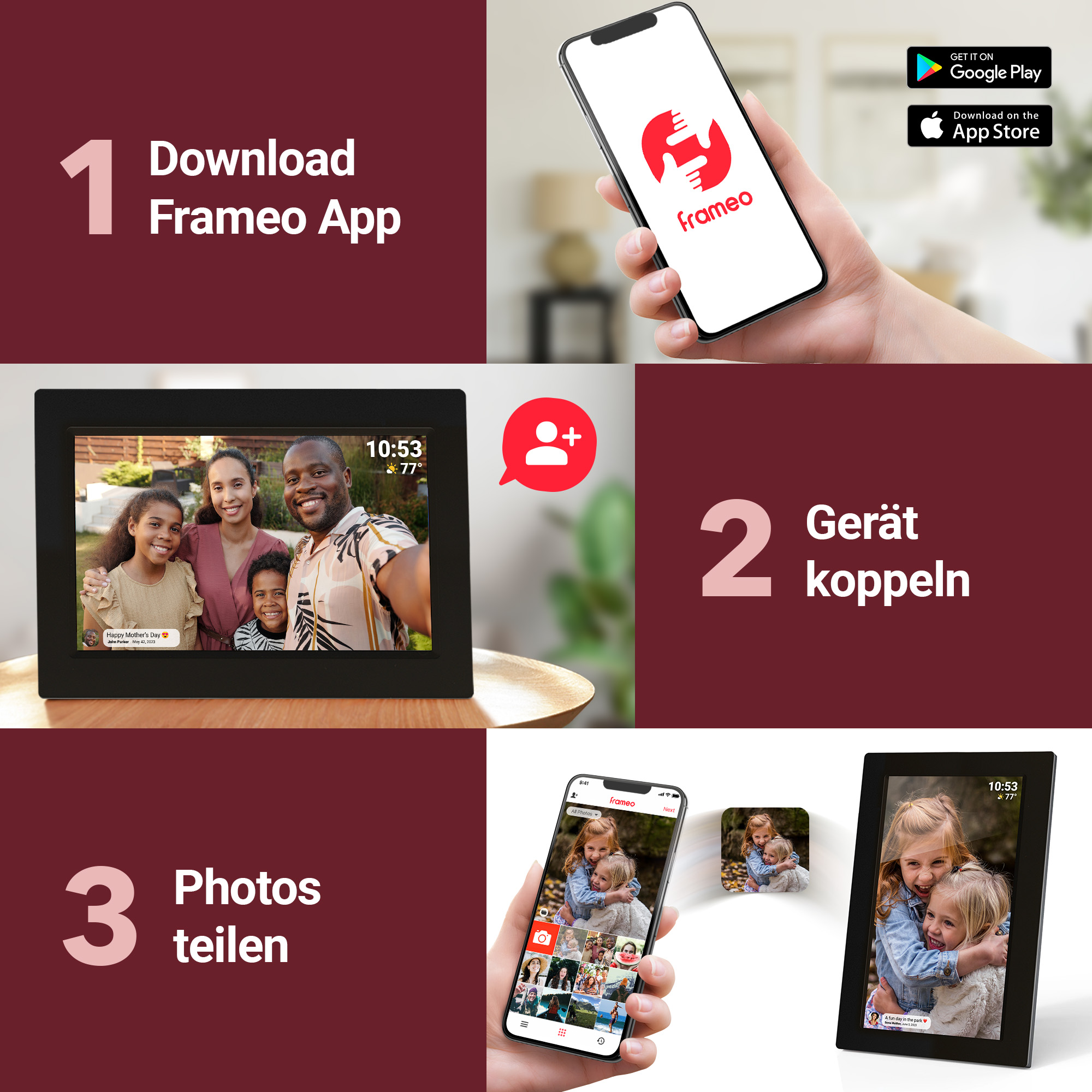 Anleitung zur Frameo App: Laden Sie die App herunter, koppeln Sie das Gerät und teilen Sie Fotos.