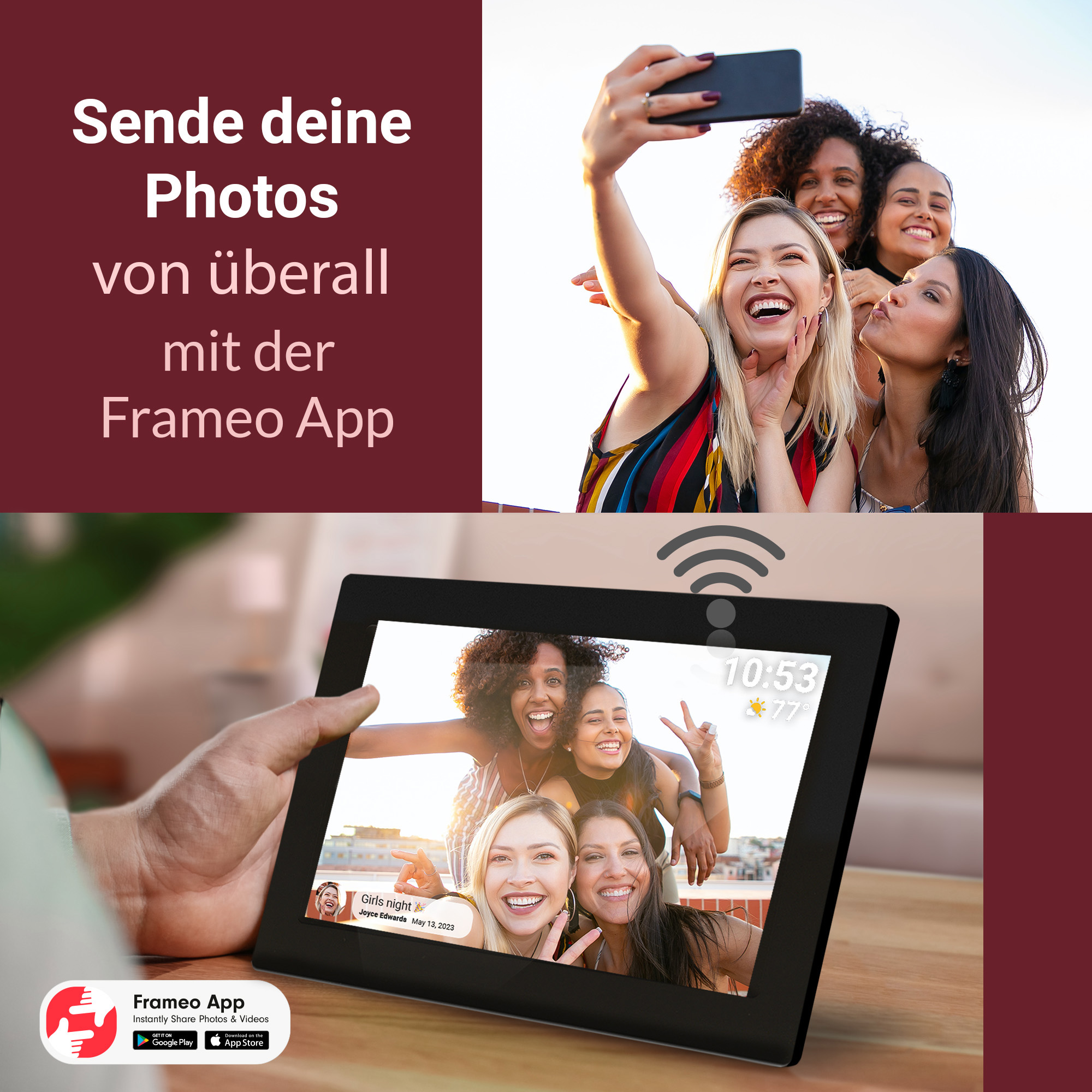 Frauen machen ein Selfie mit dem Handy und zeigen es auf einem Tablet.