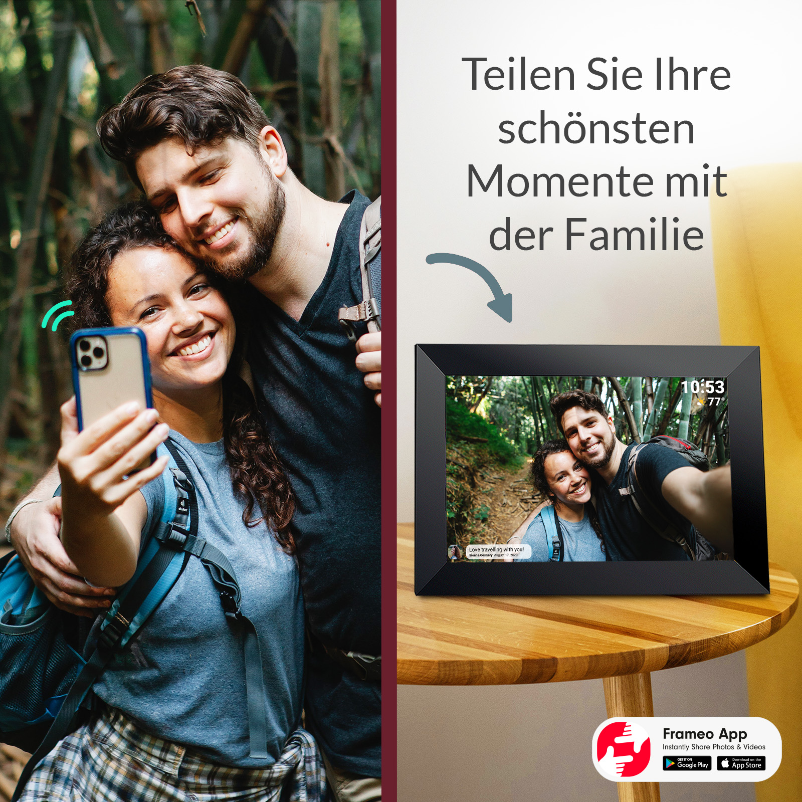 Ein Paar macht ein Selfie im Wald, während ein digitaler Bilderrahmen ein Foto von ihnen zeigt.