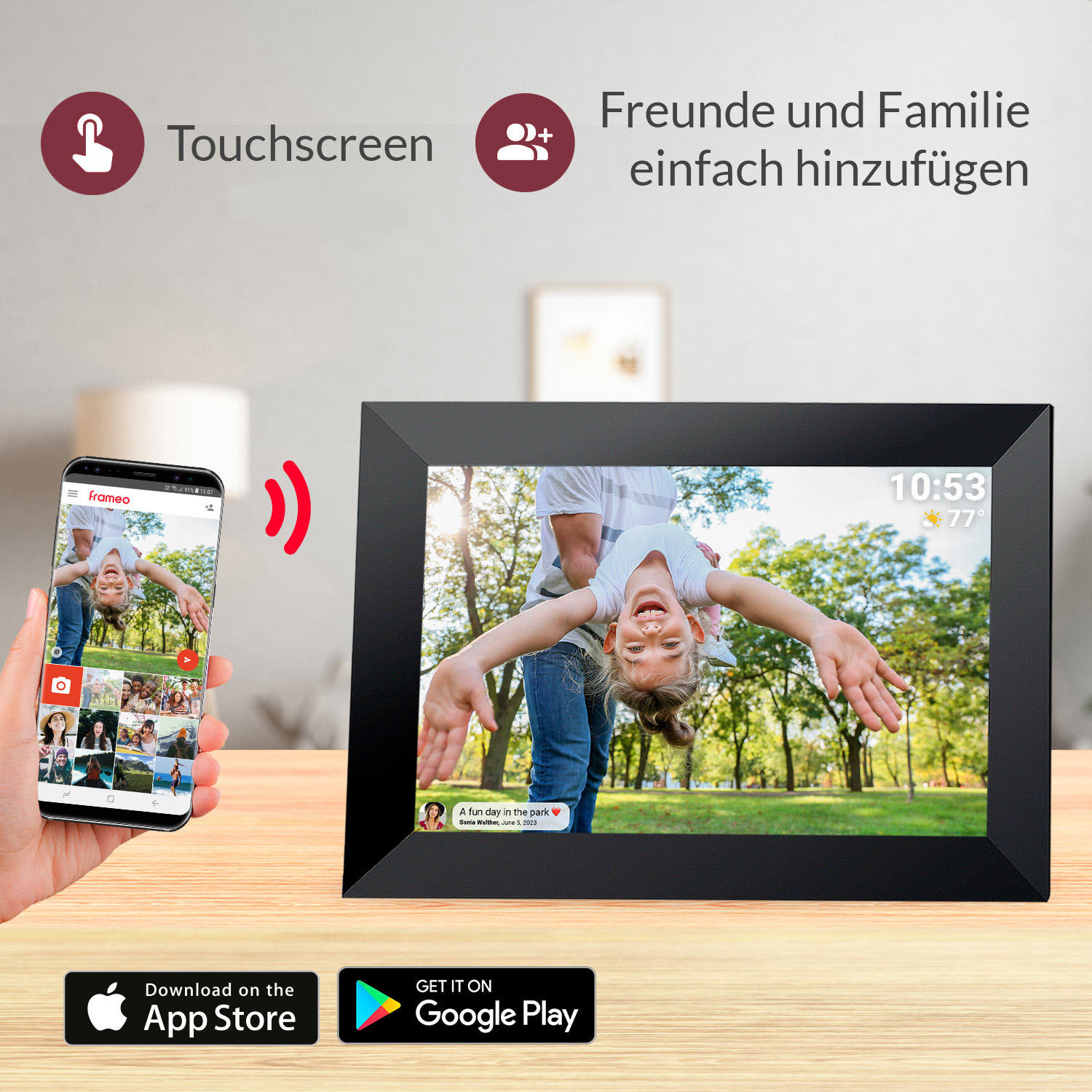 Ein digitales Bilderrahmen zeigt ein Mädchen im Park, gesteuert per Handy.