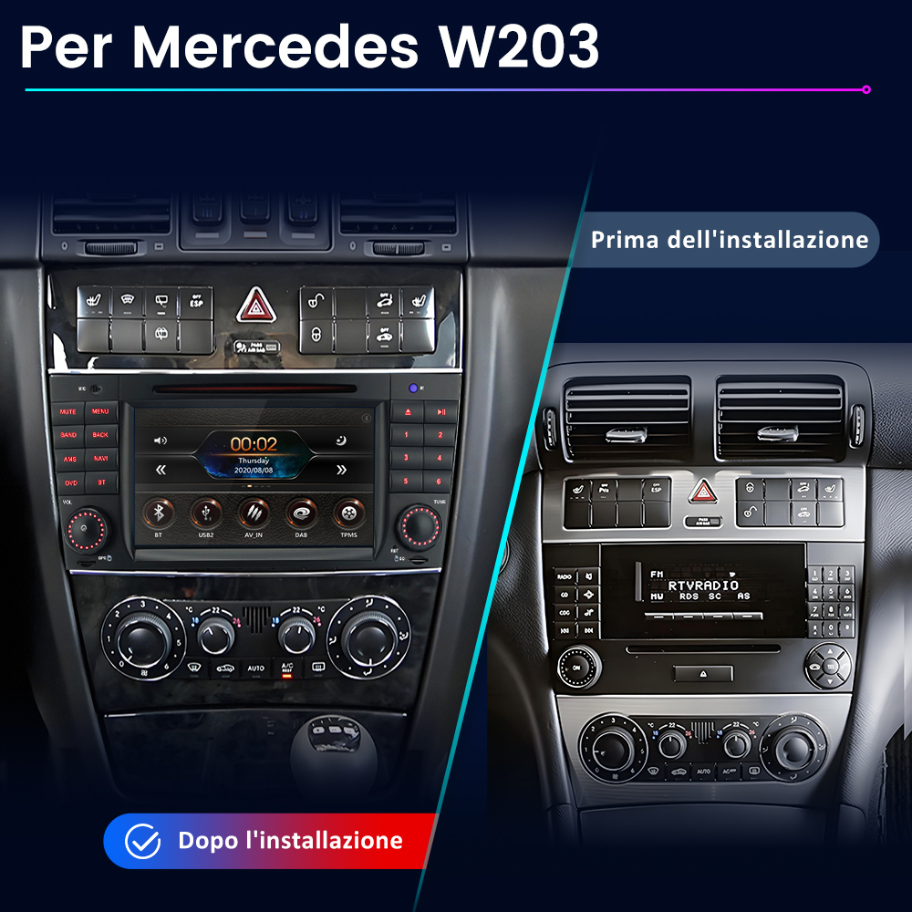 Confronto prima e dopo di una autoradio Mercedes W203, con nuovo schermo.