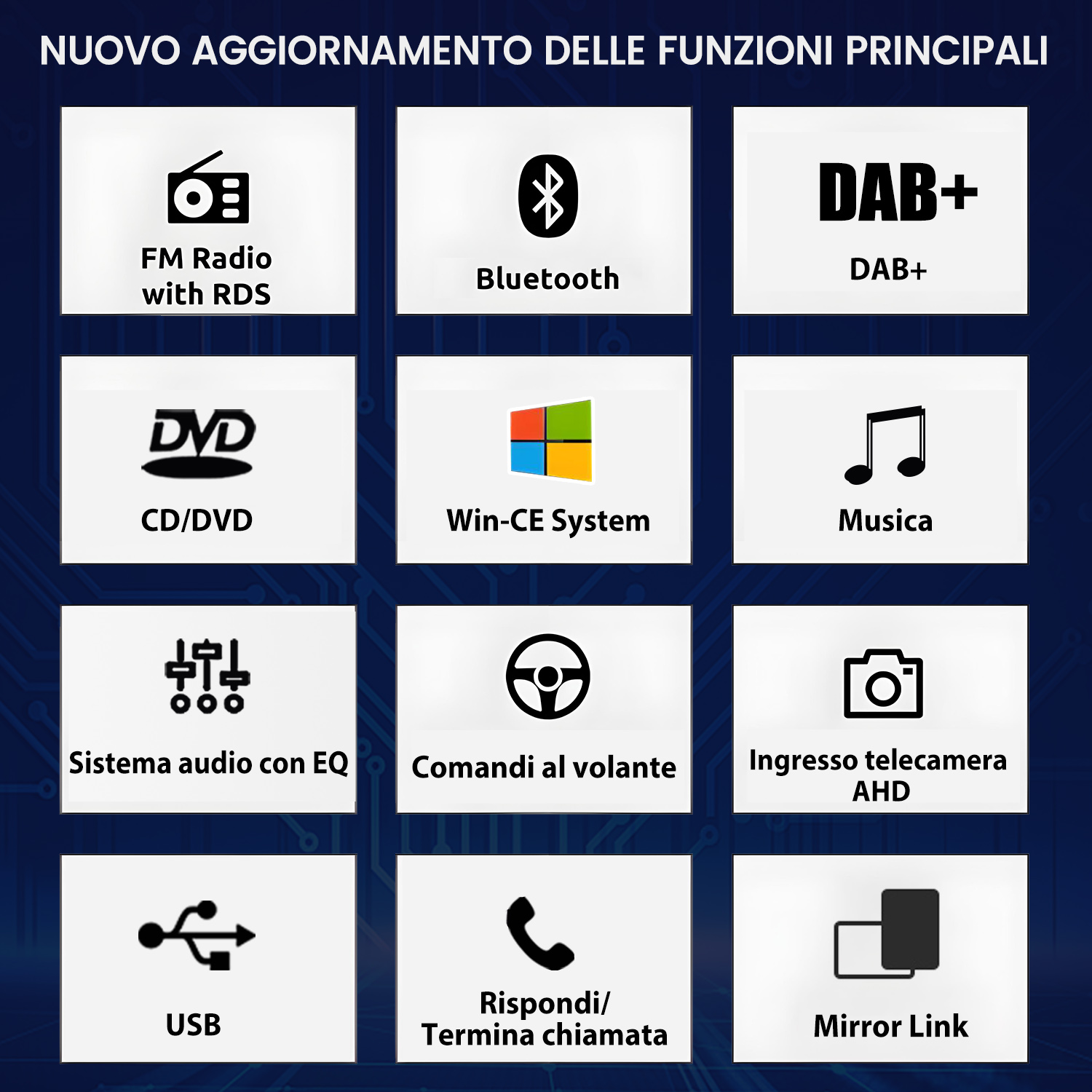 Ultimo aggiornamento funzioni principali: Radio FM, Bluetooth, DAB+, CD/DVD, Win-CE, Musica, EQ, Comandi Volante, Telecamera, USB, Chiamata, Mirror Link.