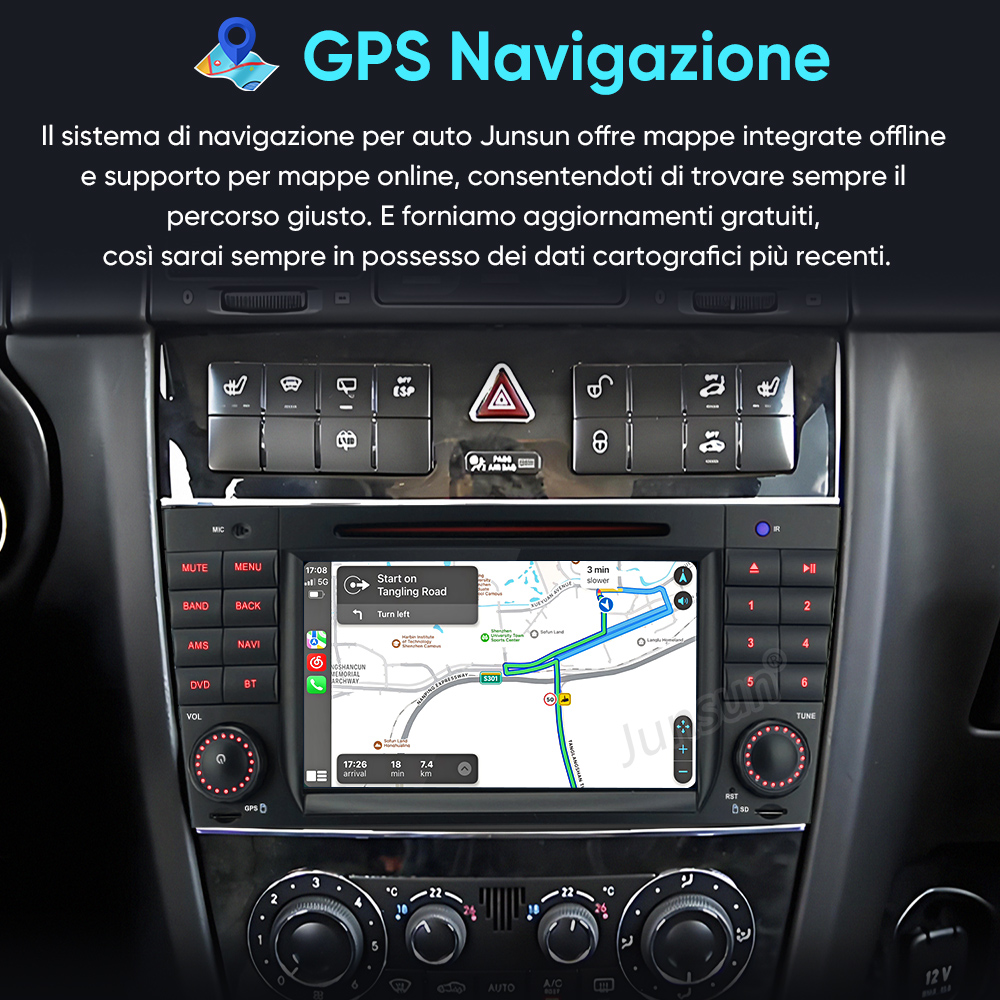 Un sistema di navigazione per auto mostra una mappa con guida.