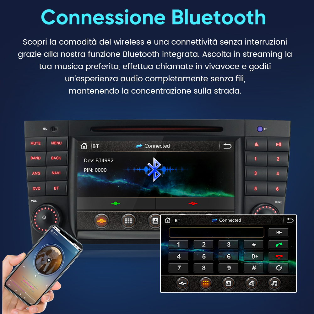 Uno smartphone controlla un autoradio che mostra la connessione Bluetooth.