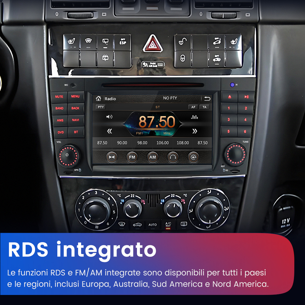 Autoradio con touchscreen che mostra stazione FM. Controlli e casella di testo sotto.