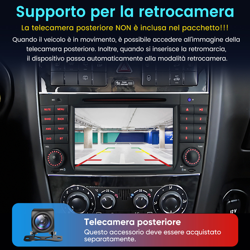 Autoradio mostra vista parcheggio, con telecamera separata.