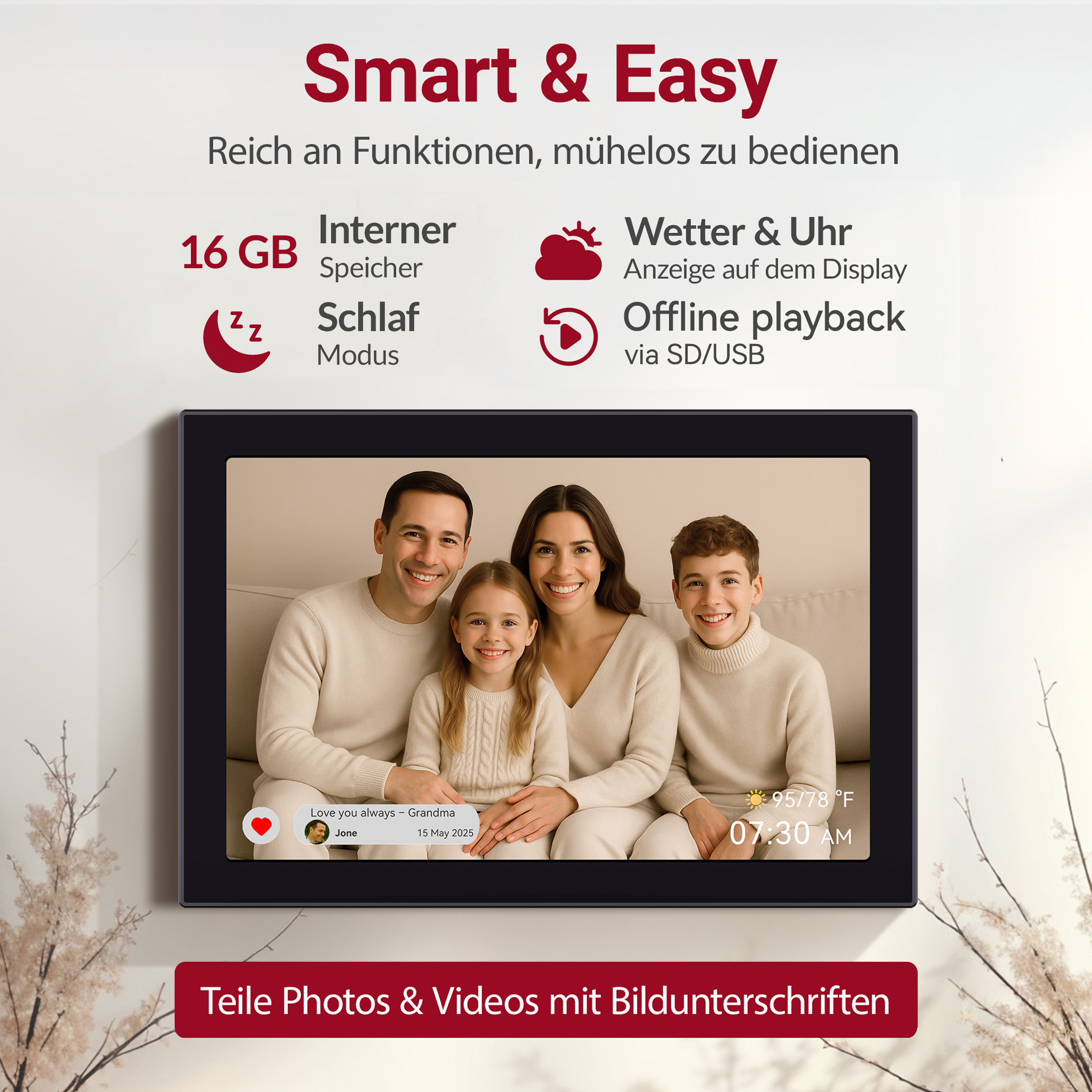 Digitaler Bilderrahmen zeigt Familie, Wetter, Uhrzeit und Speicherinfos.