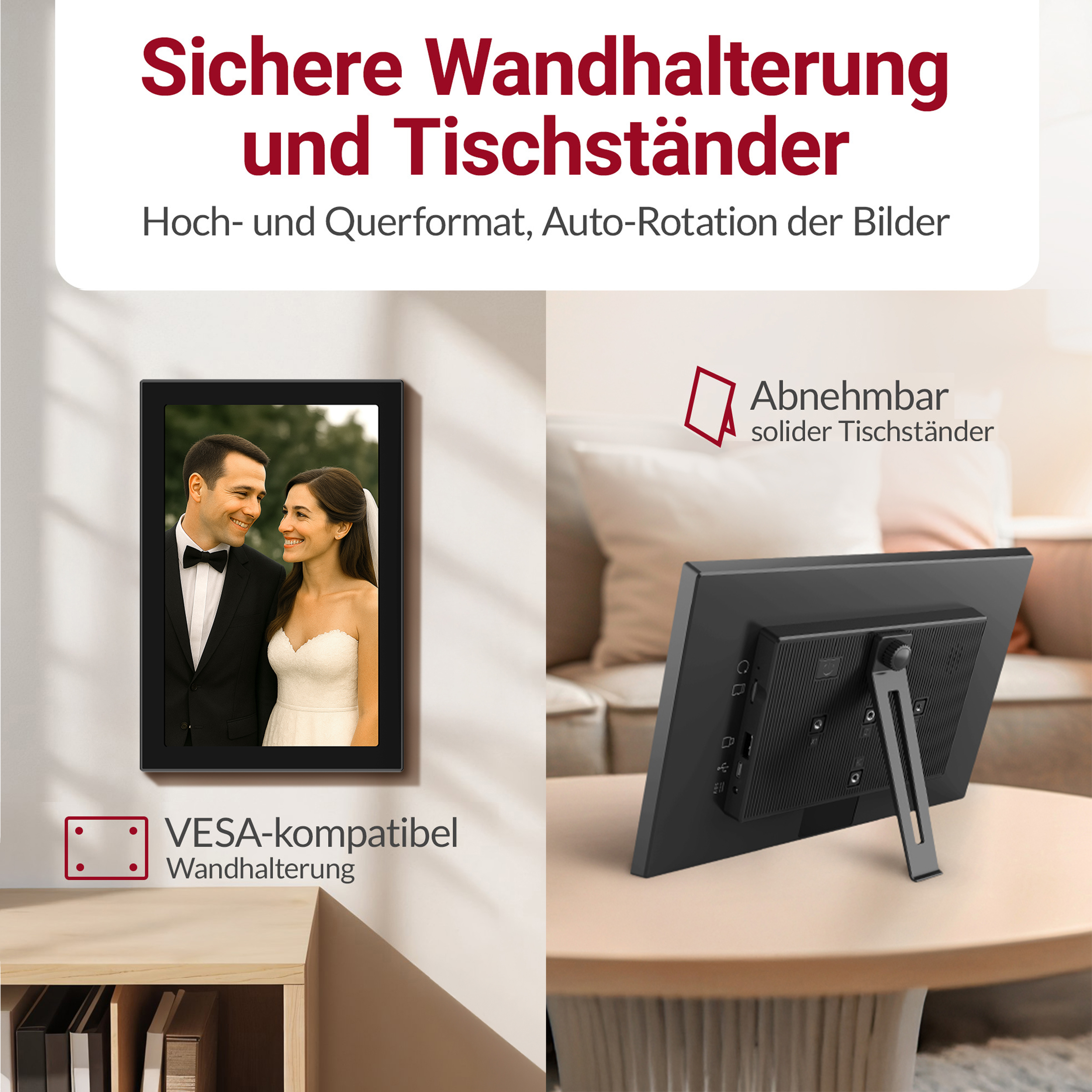 Ein Bilderrahmen mit einem Brautpaar und ein digitaler Fotorahmen mit Ständer.