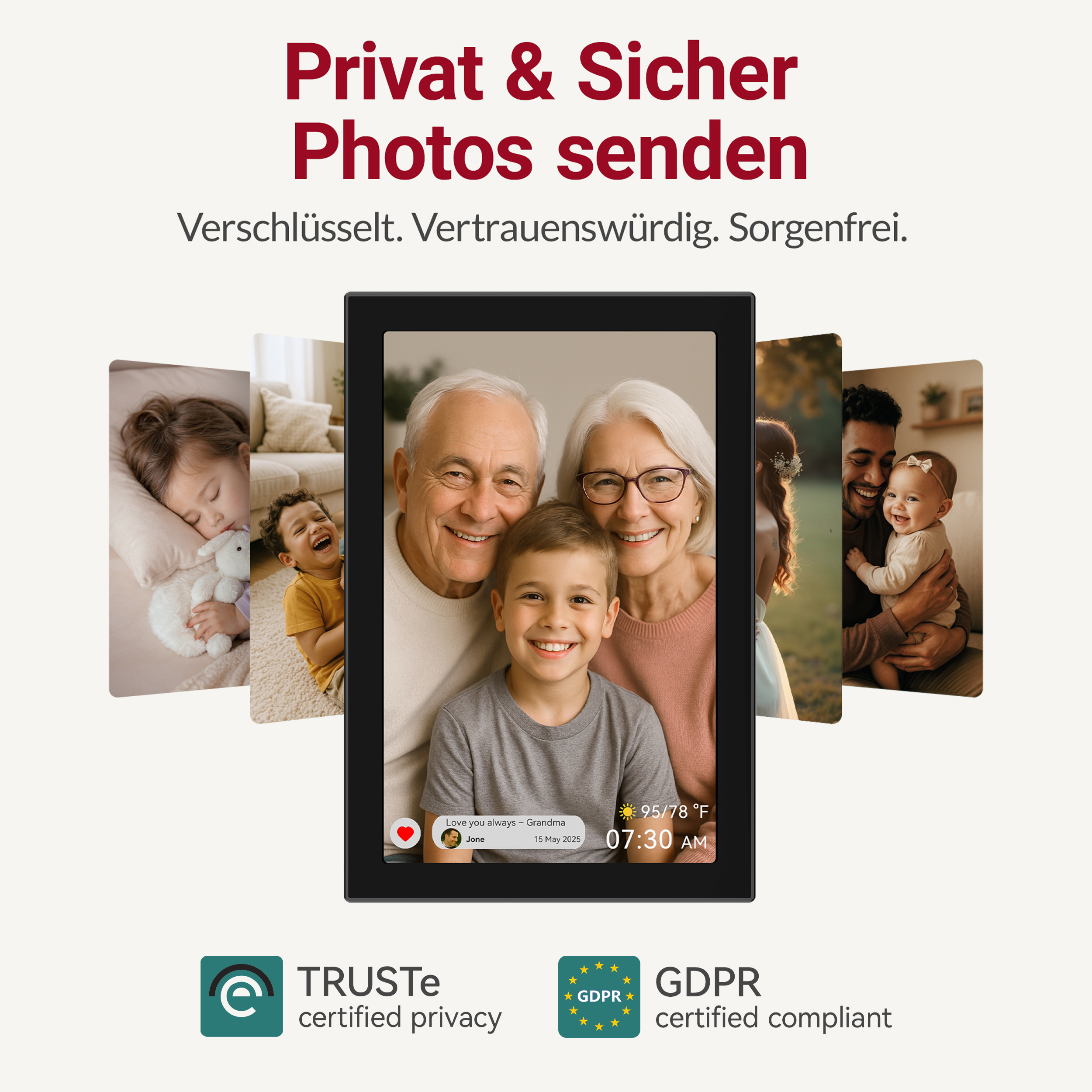 Digitale Collage mit Familienfotos und Text über sicheres Senden.