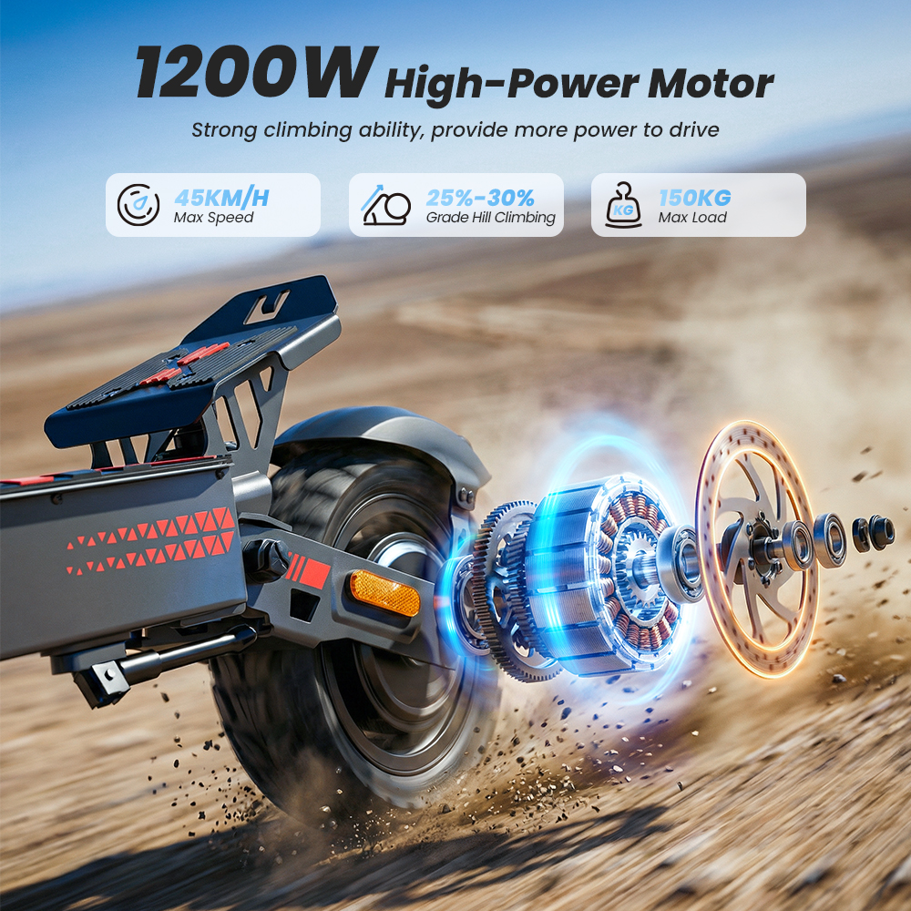 Un motore per monopattino elettrico da 1200W su terreno sabbioso. Dettagli mostrano potenza.