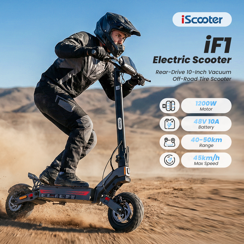 Uomo con casco guida scooter elettrico iScooter iF1 fuoristrada. Specifiche elencate.