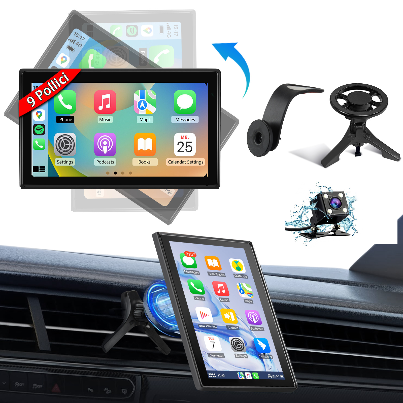 Un dispositivo touchscreen con icone di app in un'auto, con accessori accanto.