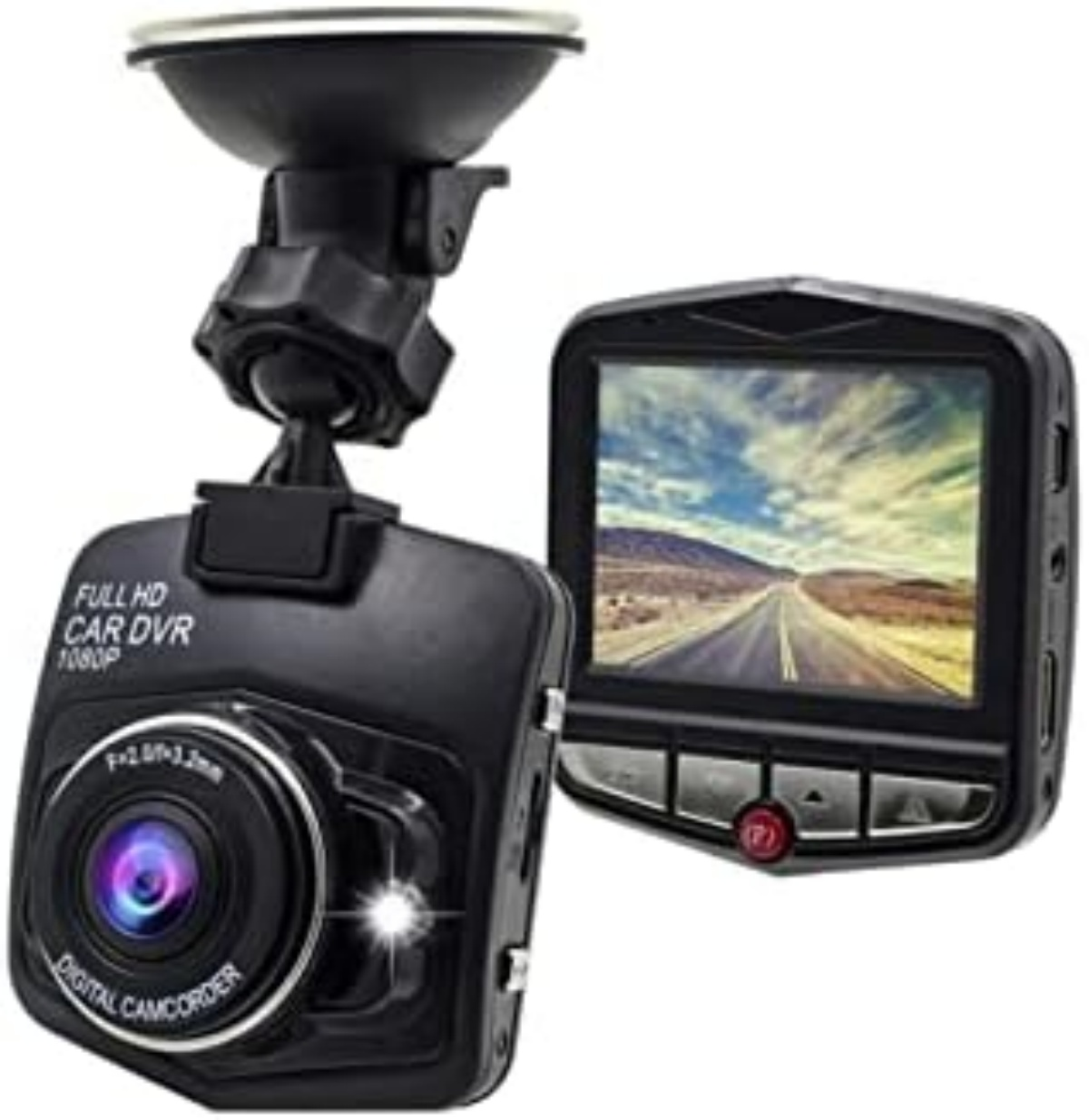 Ein schwarzer Auto-DVR mit 1080p-Auflösung und Saugnapfhalterung.