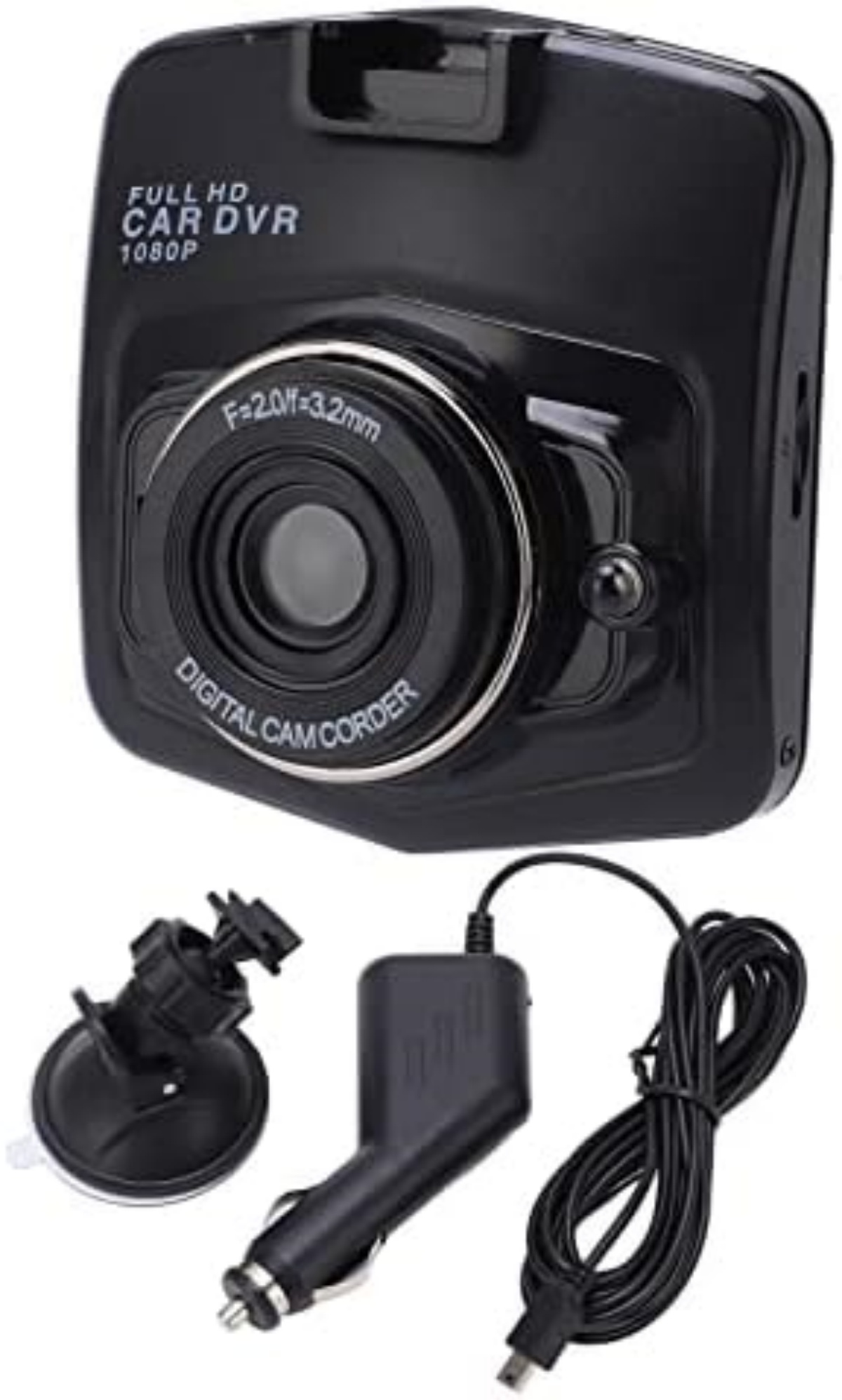Schwarzer Auto-DVR mit Objektiv, Saugnapfhalterung und Autoladegerät.