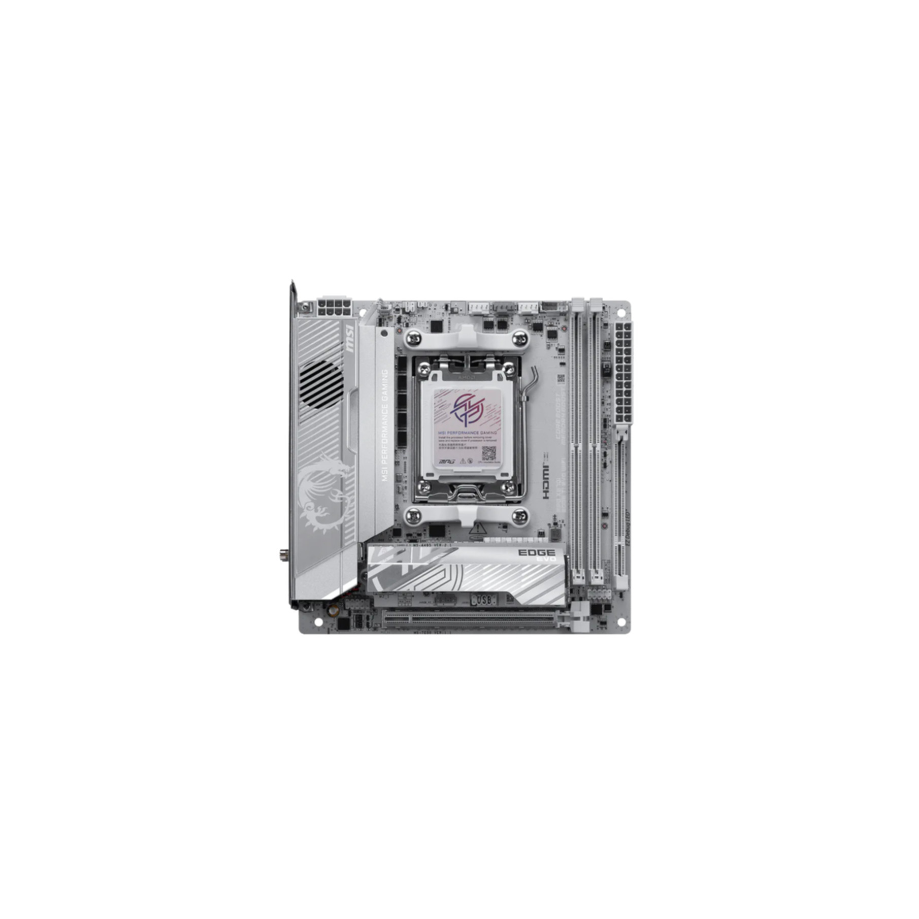 A silver motherboard with CPU socket, RAM slots, and connectors.