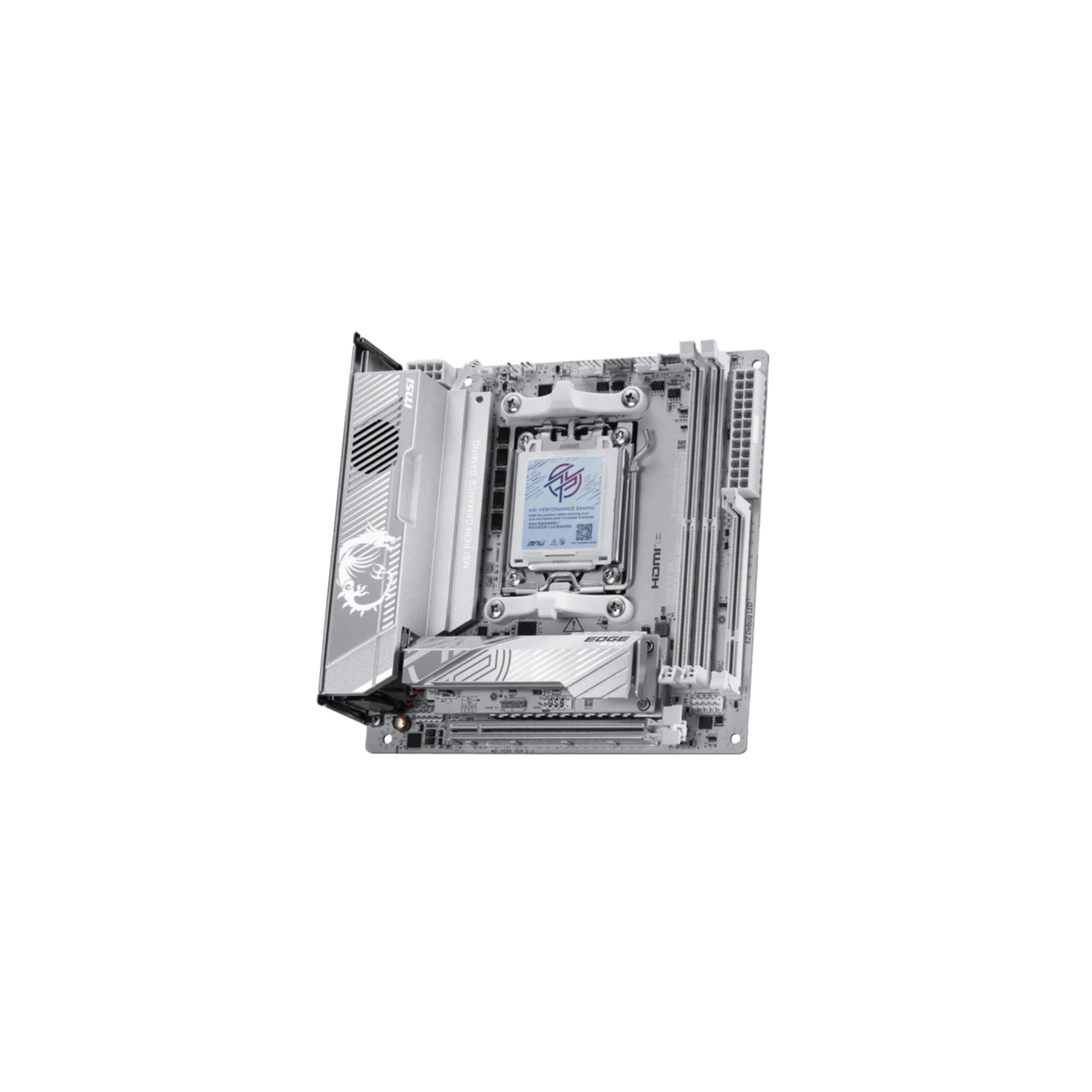 A white motherboard with silver accents, CPU socket, and RAM slots.