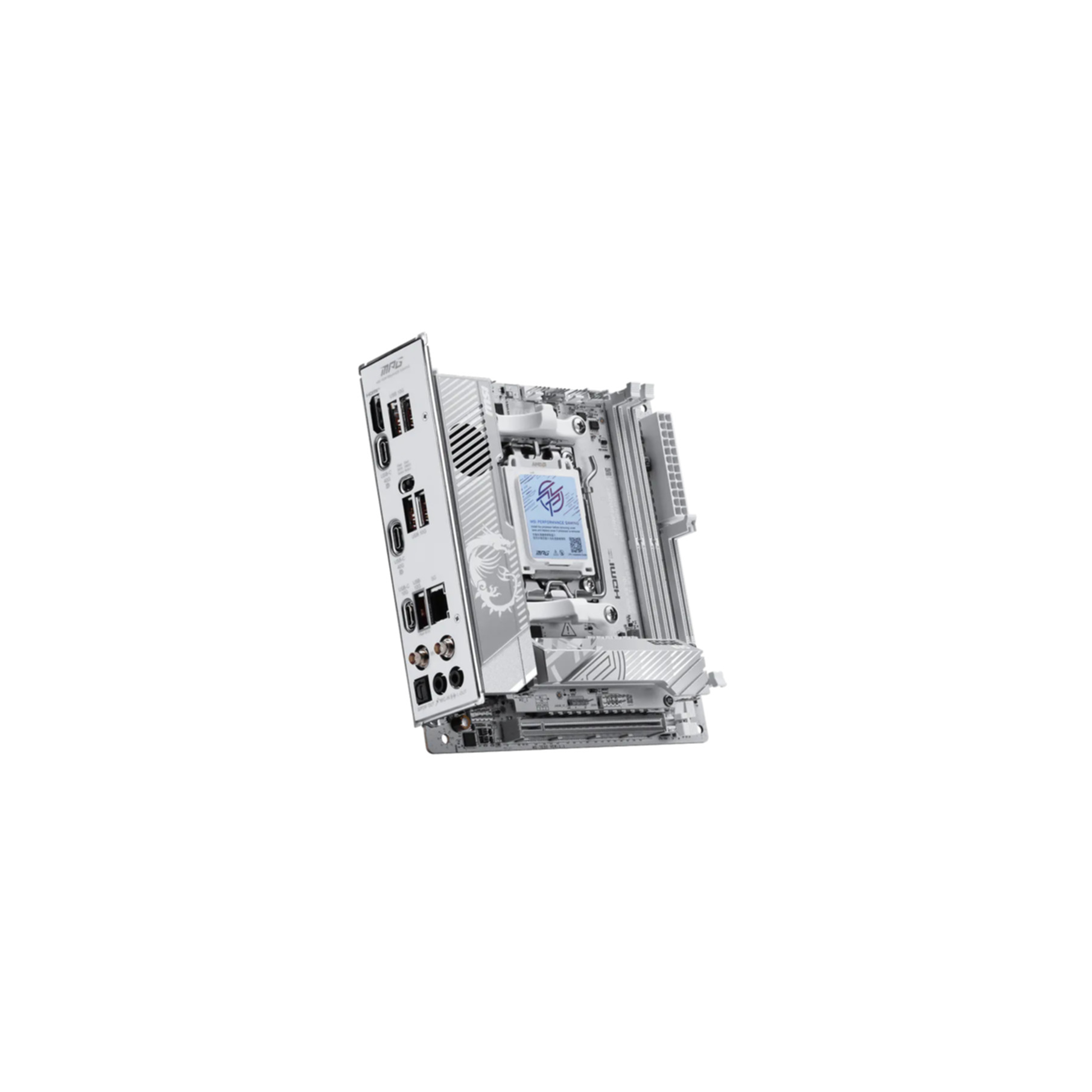 A white motherboard featuring ports and heatsinks on a white background.