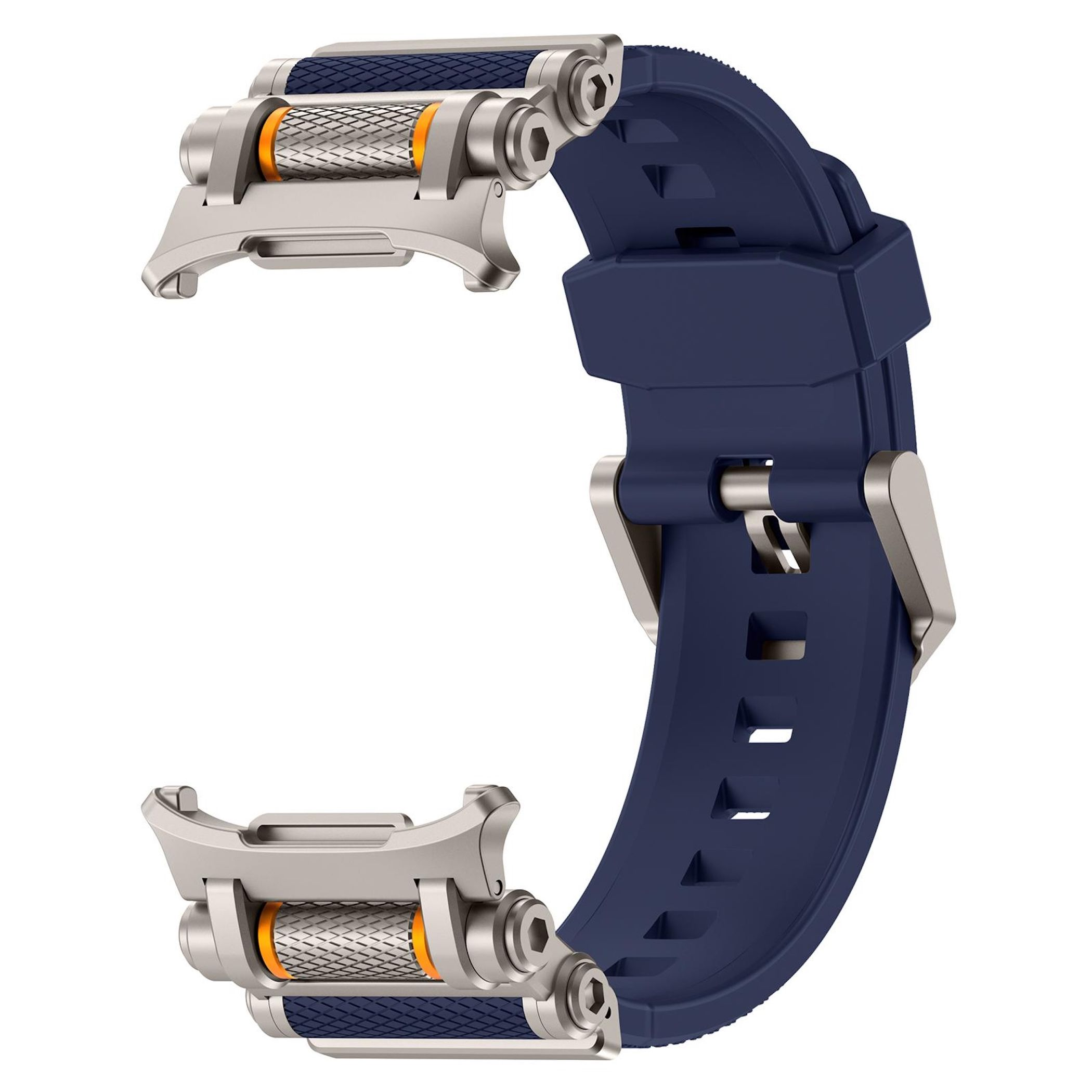 Cinturino per orologio blu scuro con connettori argentati e accenti arancioni.