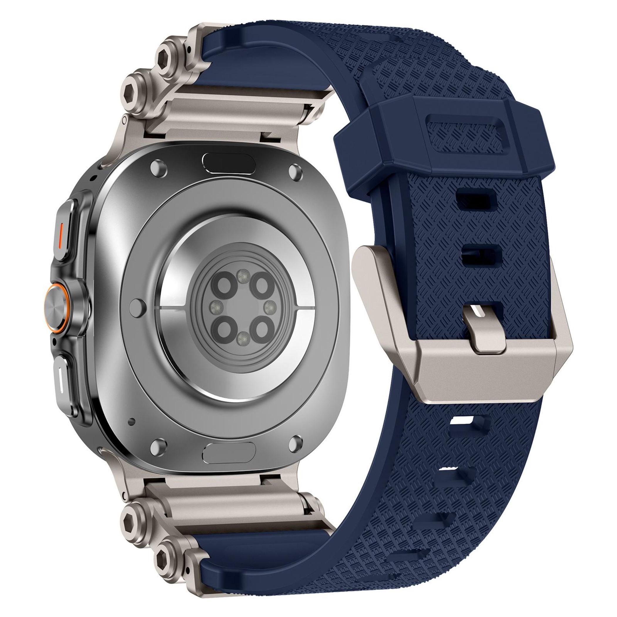 Vista posteriore di uno smartwatch argentato con cinturino blu e fibbia in metallo.