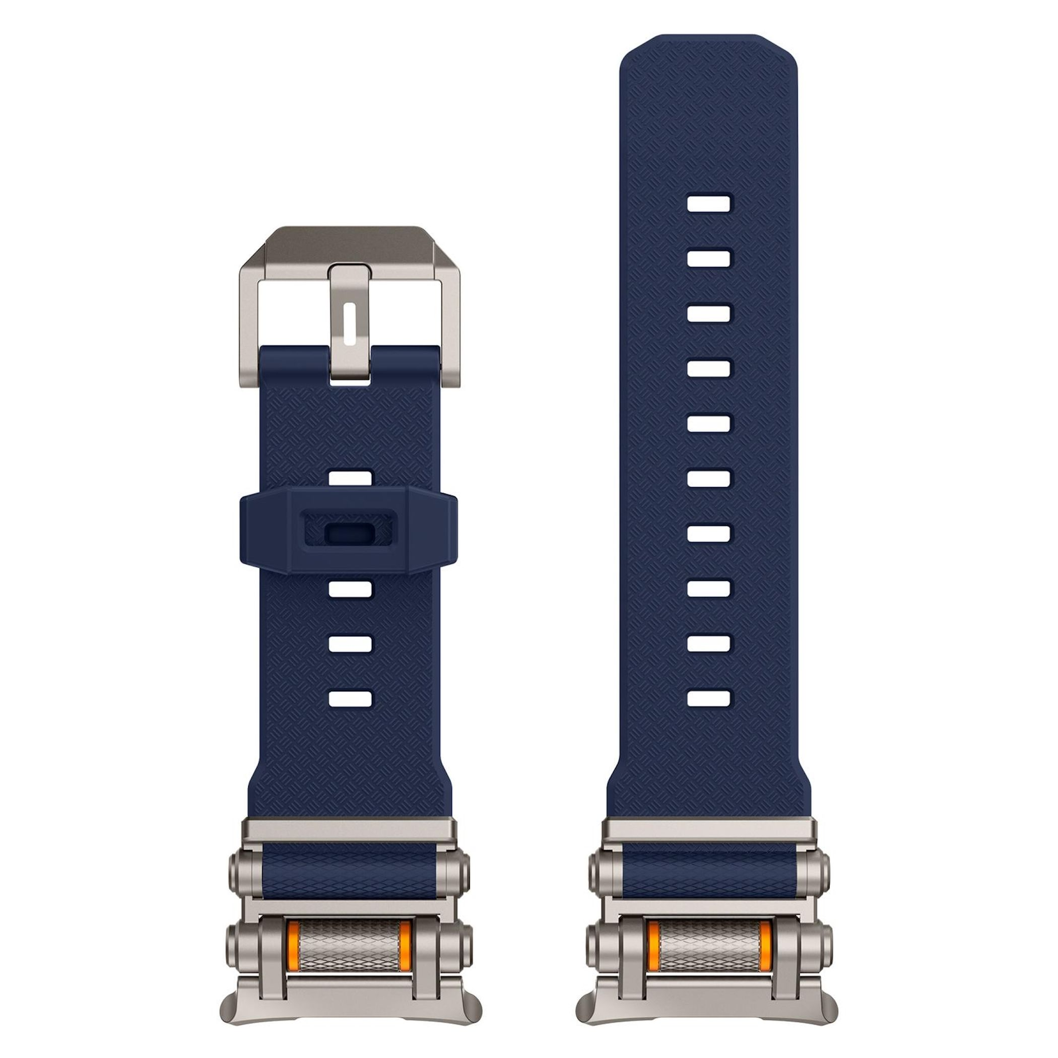 Cinturini per orologi blu scuro con fibbie e dettagli argentati.